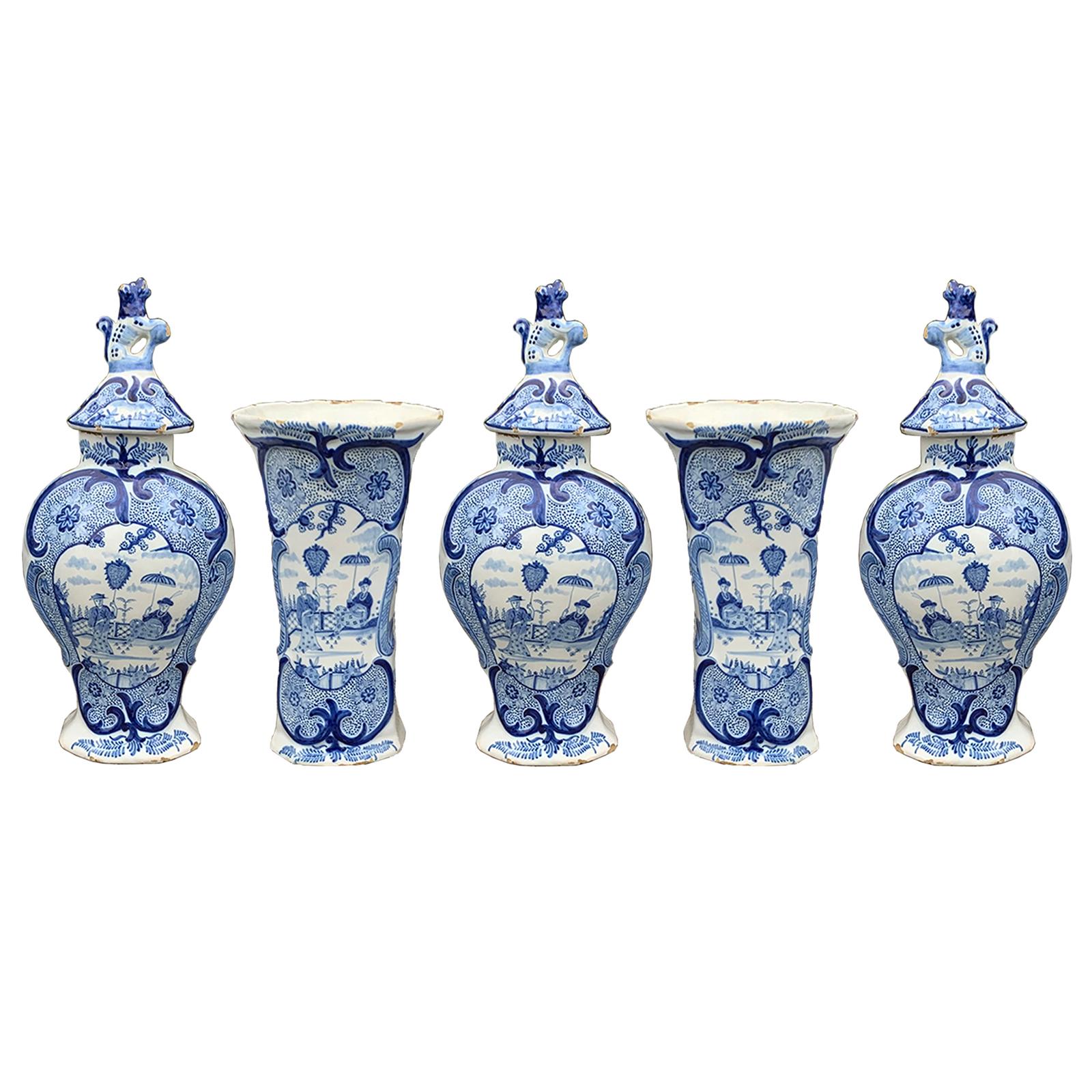 19th Century Five-Piece Delft-Style Blue and White Porcelain Garniture, Marked