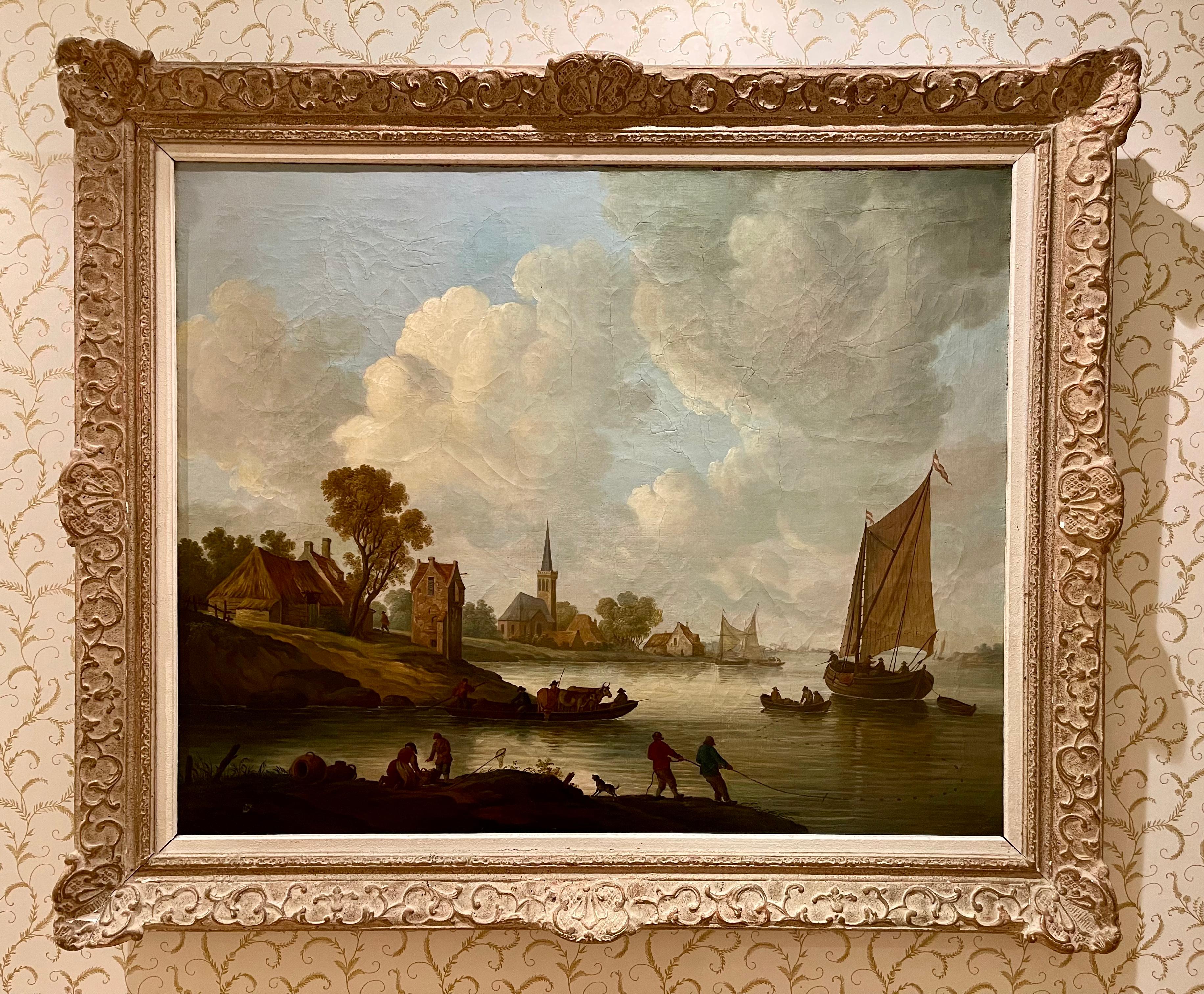 Beautiful and large painting, oil on canvas, representing a fishing village. Very lively scene with in the foreground a river full of sailboats and boats, fishermen and farm animals. In the background, the village with its church in the center. It
