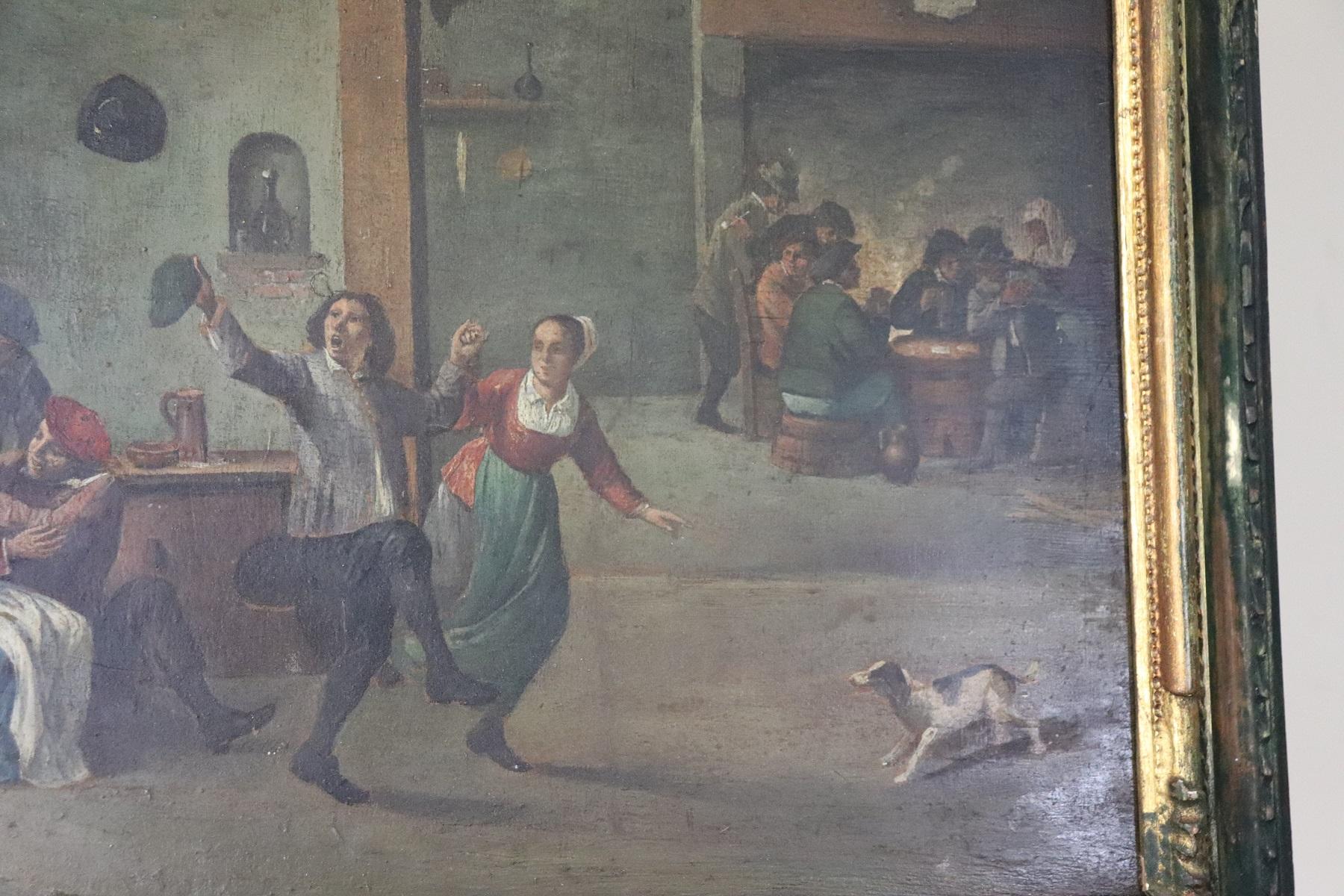 Danish 18th Century Flemish Oil Painting on Wood Table Interior Scene with People