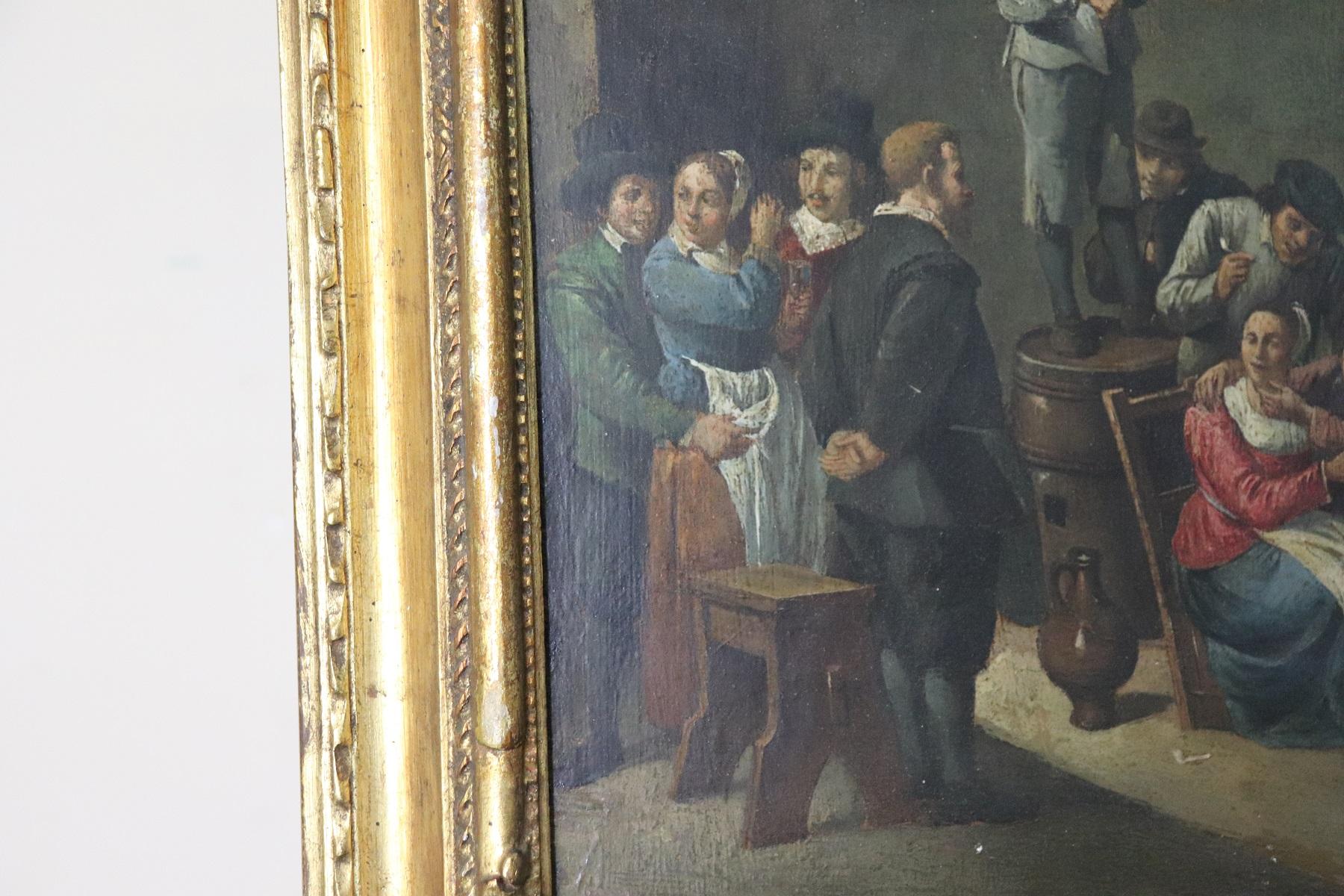 Painted 18th Century Flemish Oil Painting on Wood Table Interior Scene with People