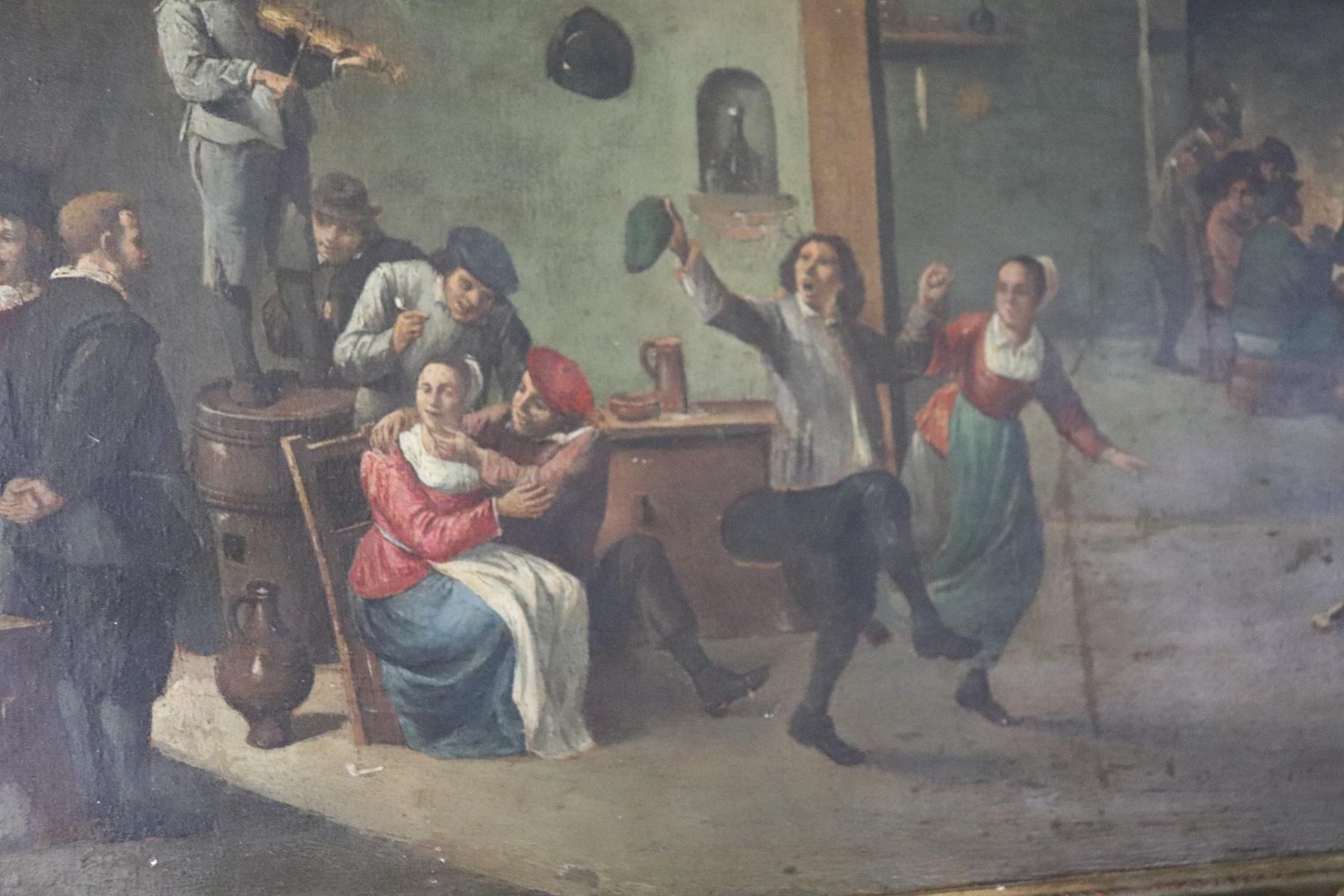 Mid-18th Century 18th Century Flemish Oil Painting on Wood Table Interior Scene with People