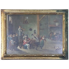 18th Century Flemish Oil Painting on Wood Table Interior Scene with People