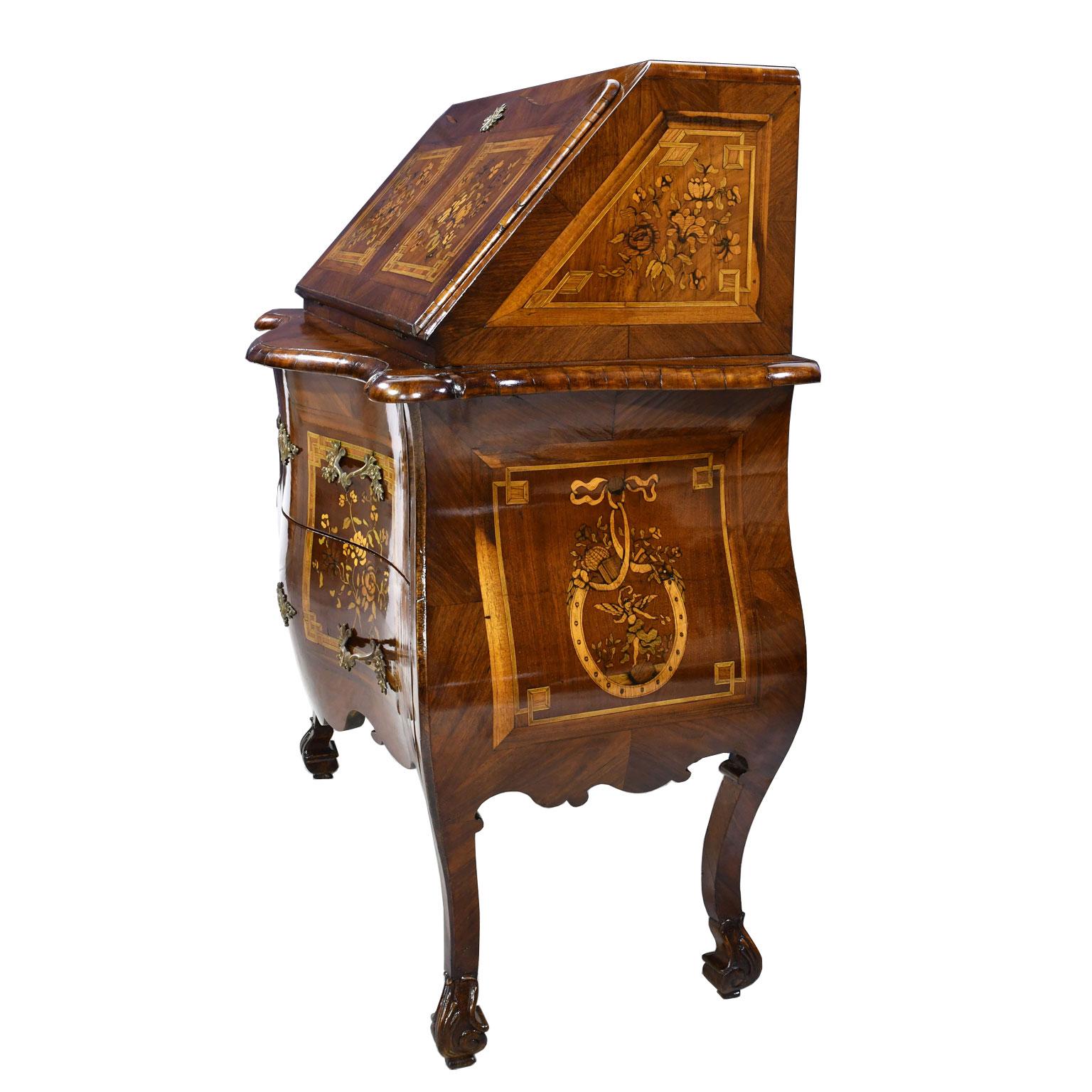 Antique Italian or Dutch Small Rococo Bombe Secretary Desk w/ Marquetry, c 1870 For Sale 5