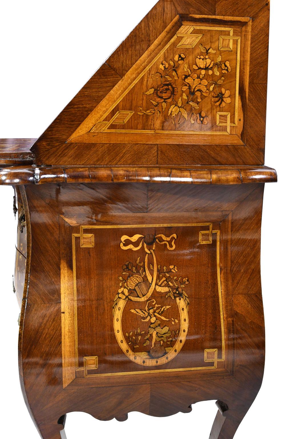 Antique Italian or Dutch Small Rococo Bombe Secretary Desk w/ Marquetry, c 1870 For Sale 7