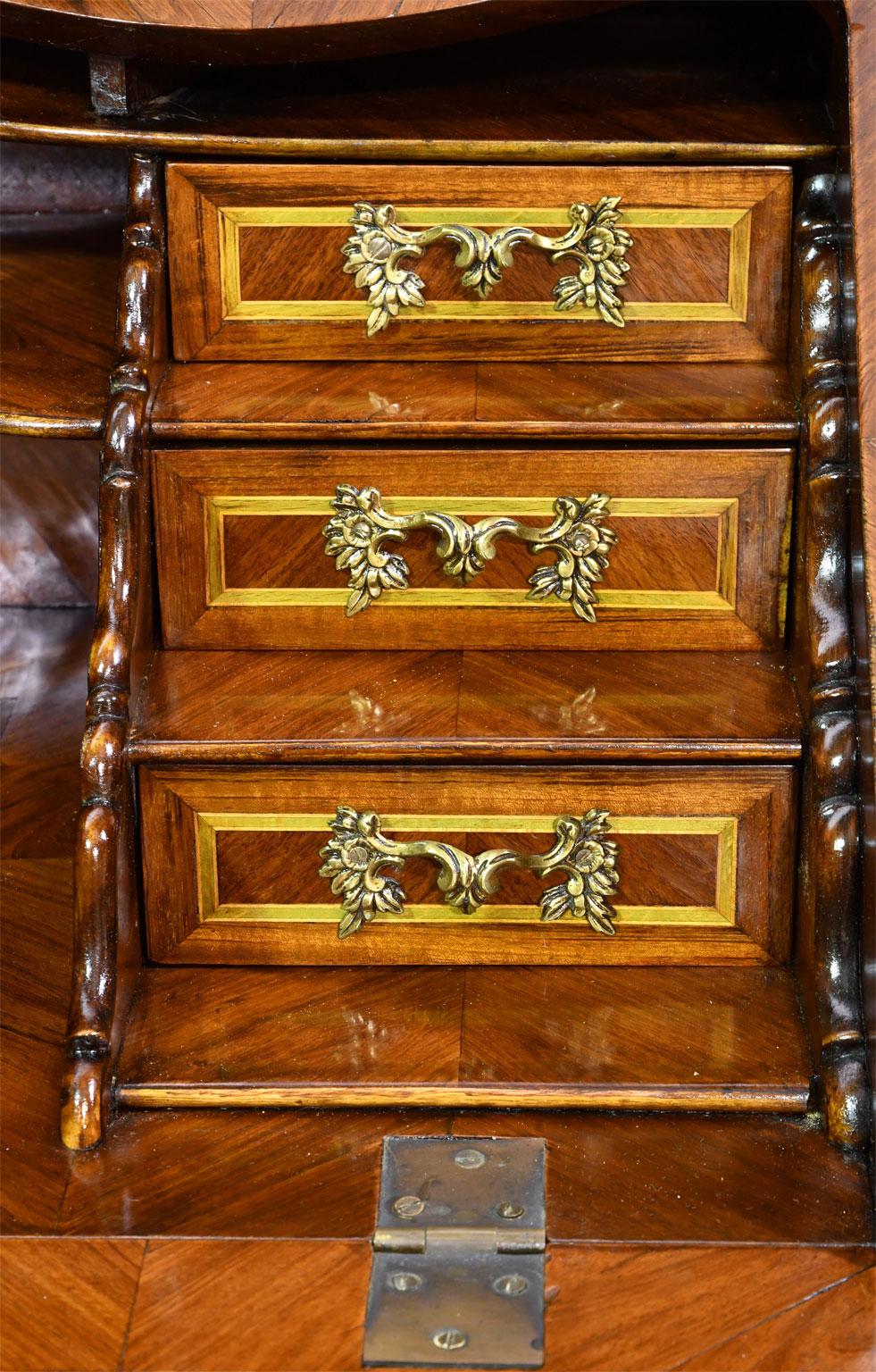 Inlay Antique Italian or Dutch Small Rococo Bombe Secretary Desk w/ Marquetry, c 1870 For Sale