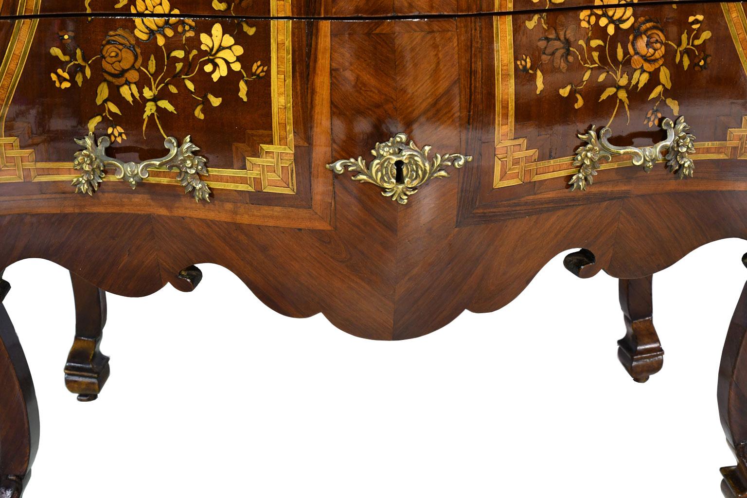 Mahogany Antique Italian or Dutch Small Rococo Bombe Secretary Desk w/ Marquetry, c 1870 For Sale