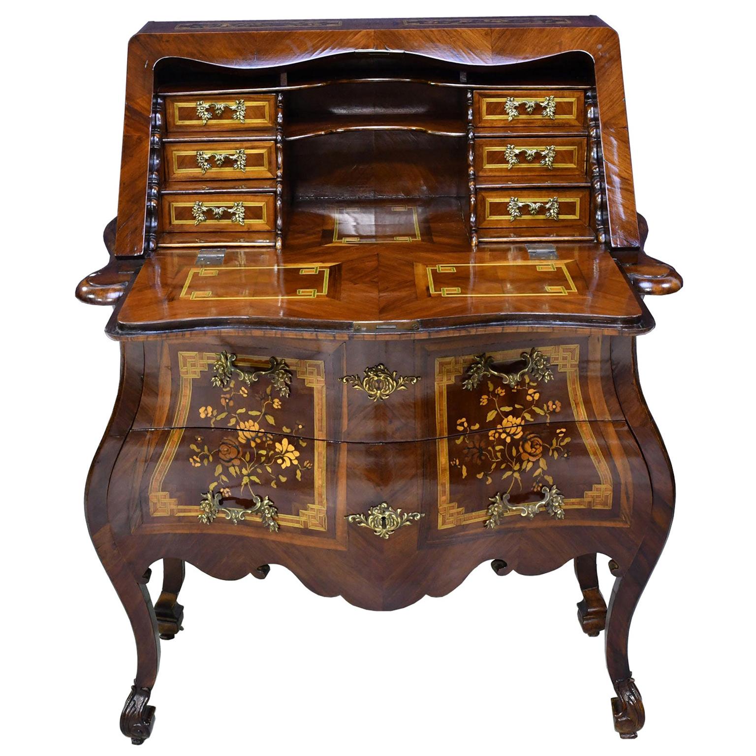 Antique Italian or Dutch Small Rococo Bombe Secretary Desk w/ Marquetry, c 1870 For Sale