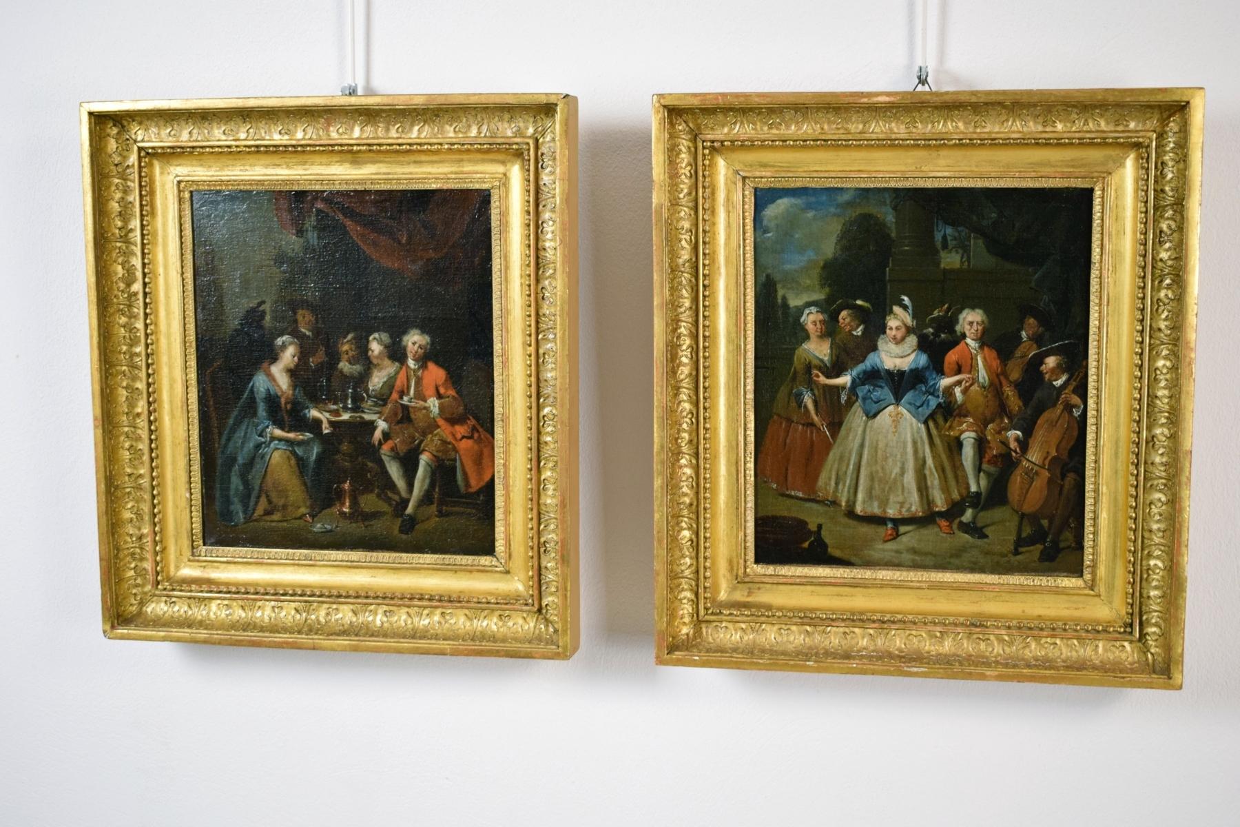 18e siècle, peinture flamande avec scène de banquet et de danse par Jan Baptist Lambrechts
Huile sur toile, Dimensions : seulement la toile cm H 34 x L 30 ; cadres cm H 49,5 x L 45 x P 8

Ces tableaux de valeur, réalisés à l'huile sur toile et en