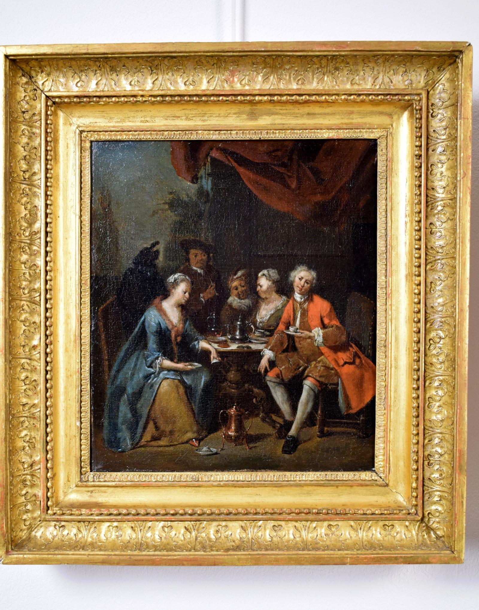 Peint à la main Peinture flamande du 18ème siècle, scène de banquet et de danse de Jan Baptist Lambrecht en vente