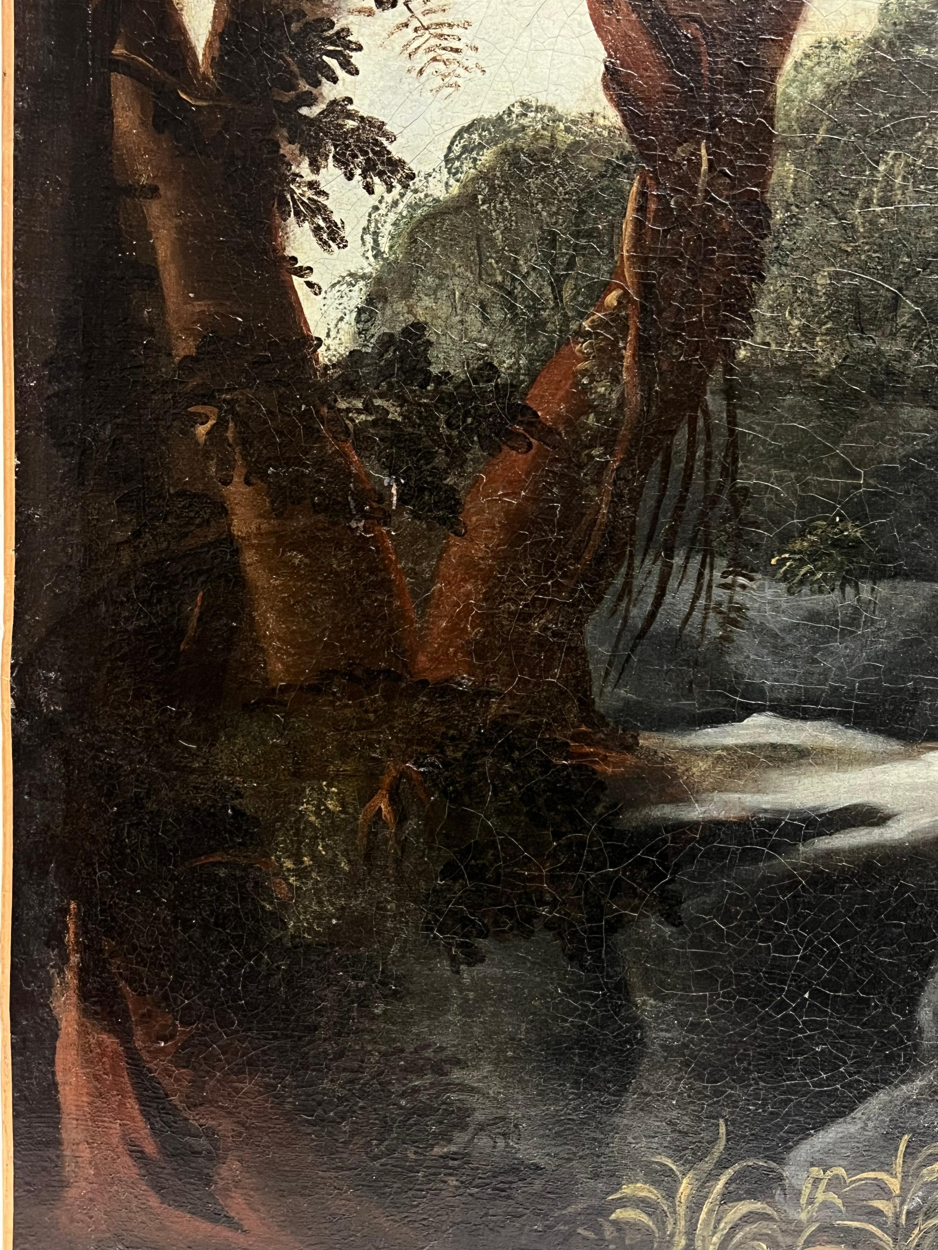 Enorme pittura a olio classica fiamminga del XVIII secolo Paesaggio fluviale di viaggiatori in vendita 5