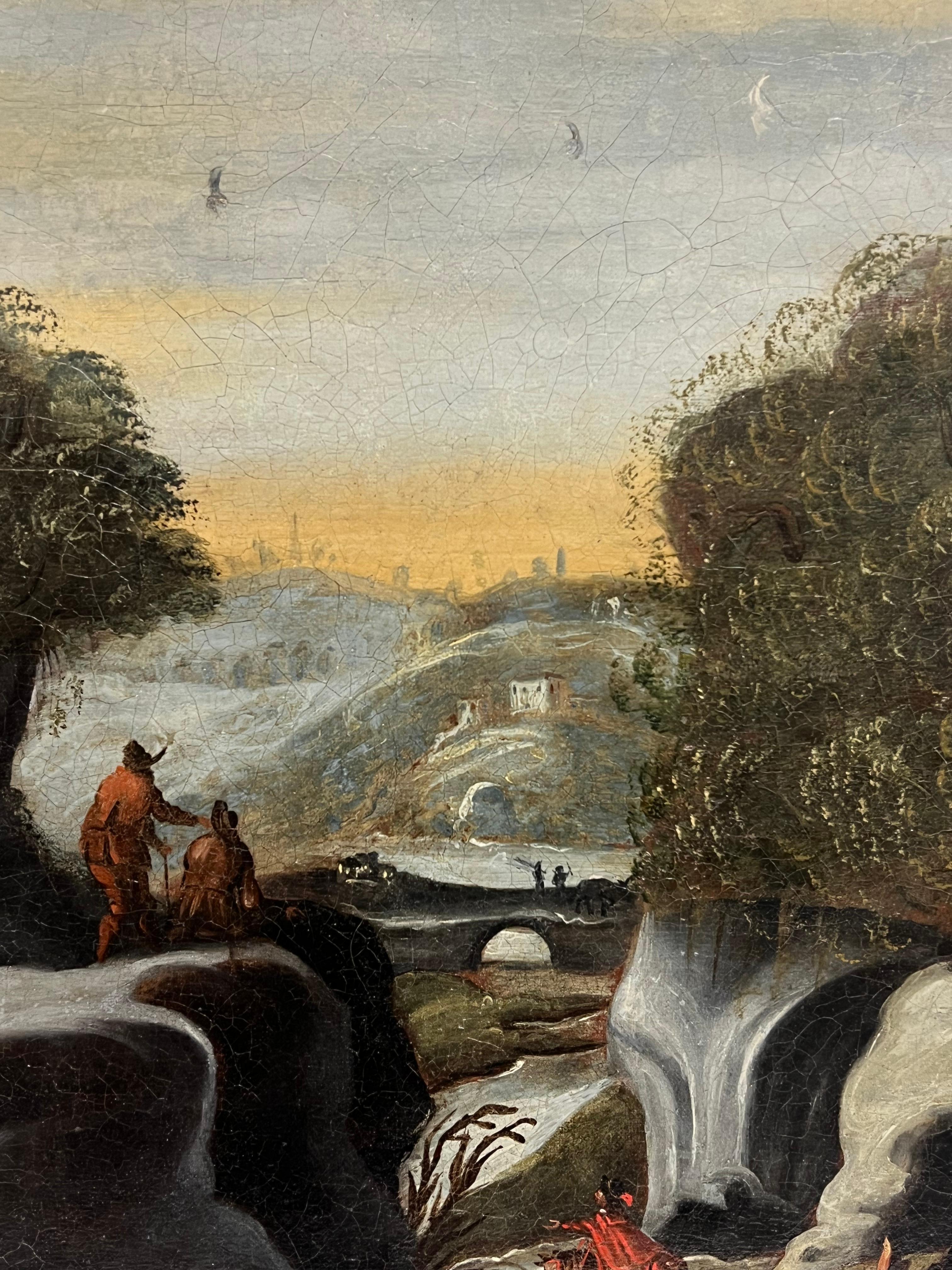Enorme pittura a olio classica fiamminga del XVIII secolo Paesaggio fluviale di viaggiatori in vendita 7