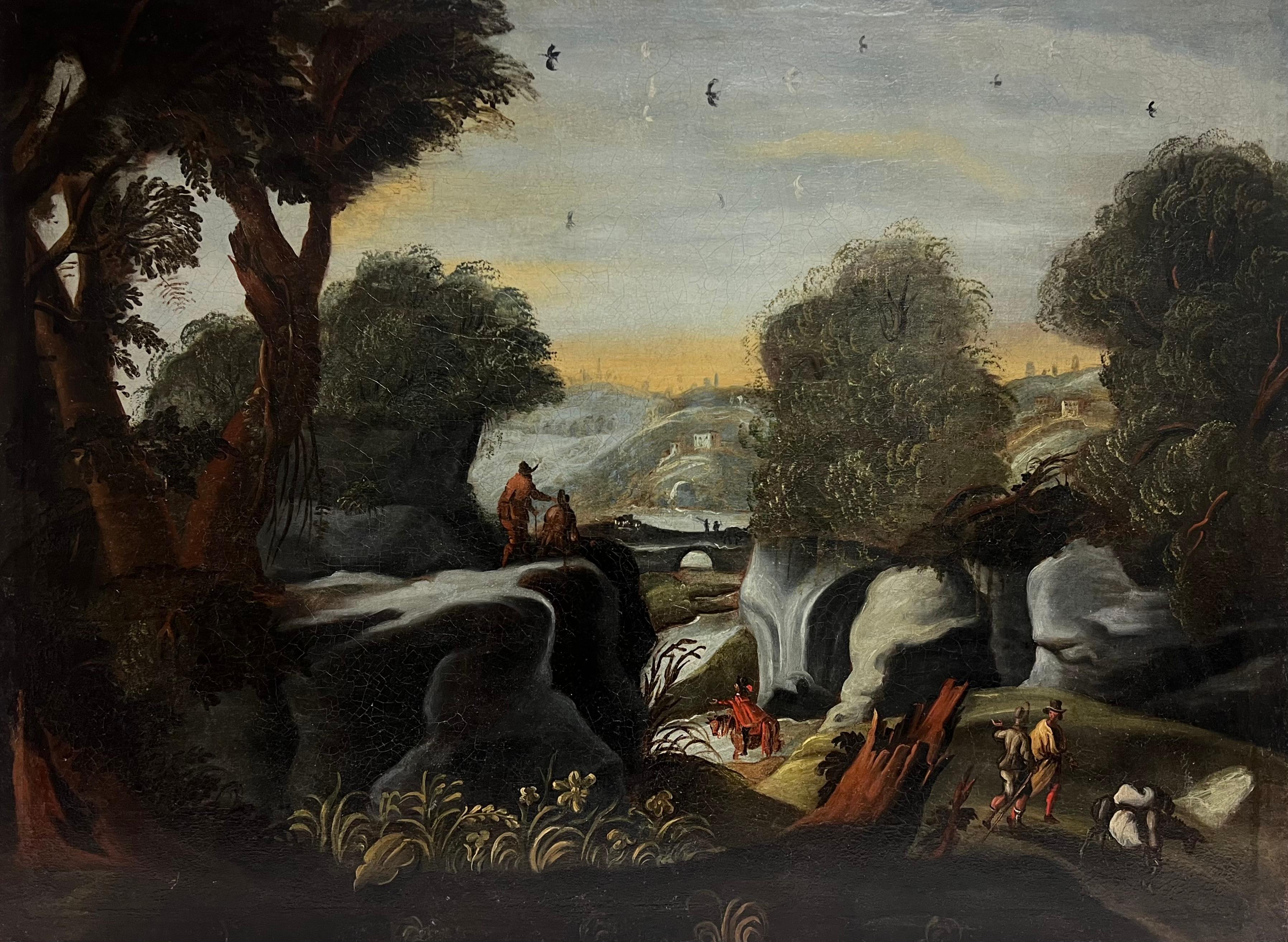 Enorme pittura a olio classica fiamminga del XVIII secolo Paesaggio fluviale di viaggiatori - Painting di 18th century Flemish school