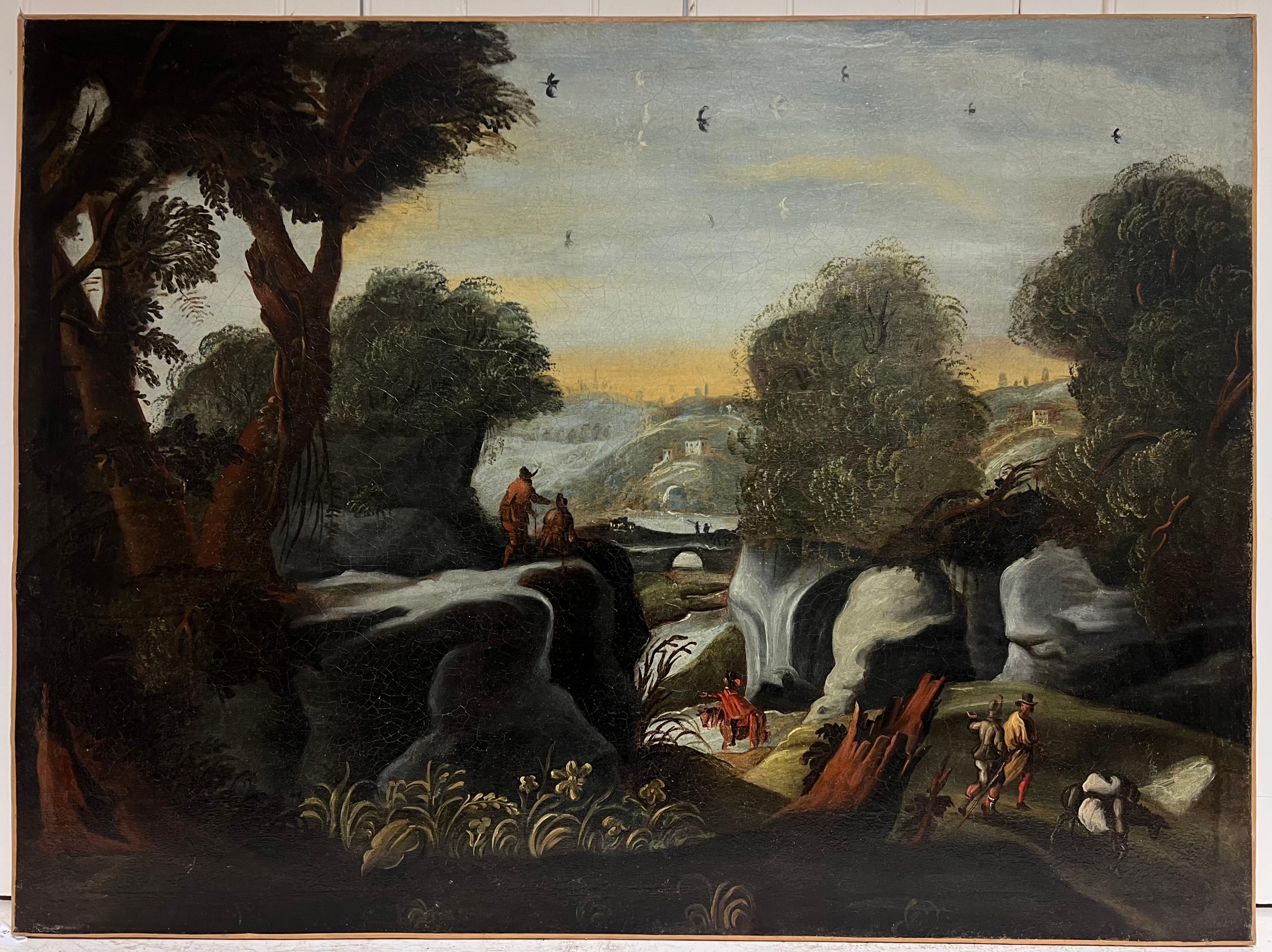 Enorme pittura a olio classica fiamminga del XVIII secolo Paesaggio fluviale di viaggiatori - Painting Antichi maestri di 18th century Flemish school