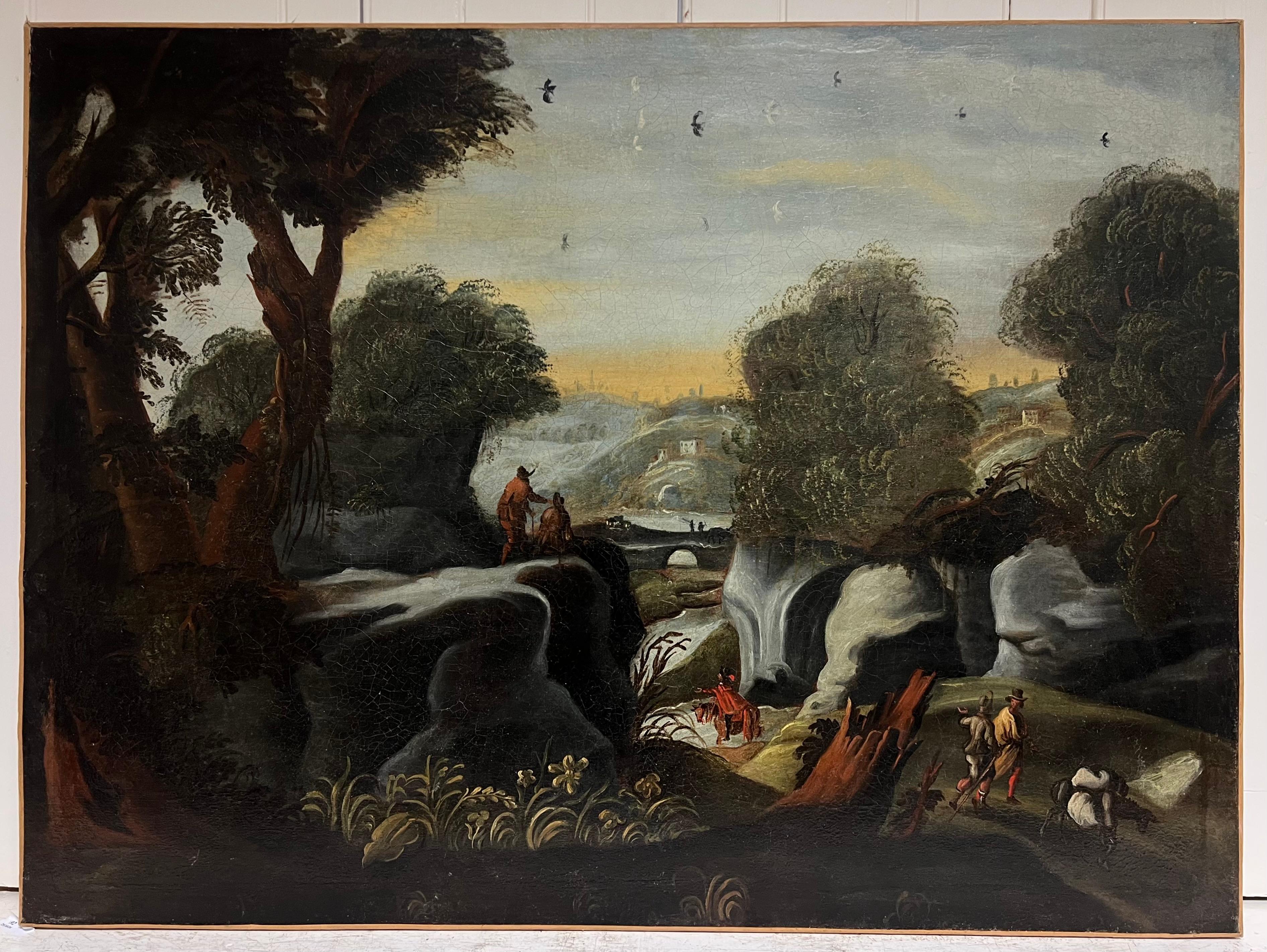 Enorme pittura a olio classica fiamminga del XVIII secolo Paesaggio fluviale di viaggiatori - Landscape Painting Nero di 18th century Flemish school