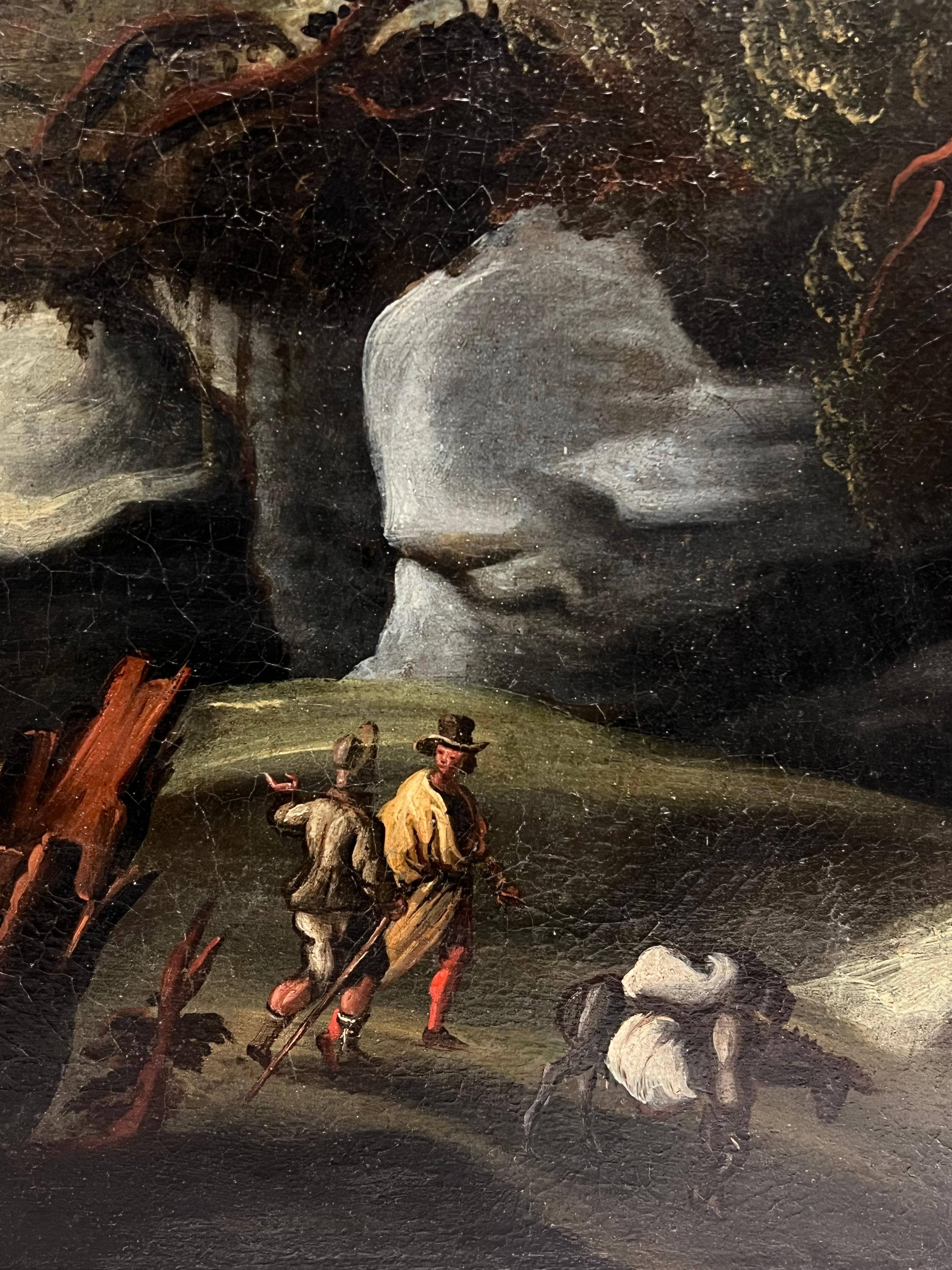 Enorme pittura a olio classica fiamminga del XVIII secolo Paesaggio fluviale di viaggiatori in vendita 3