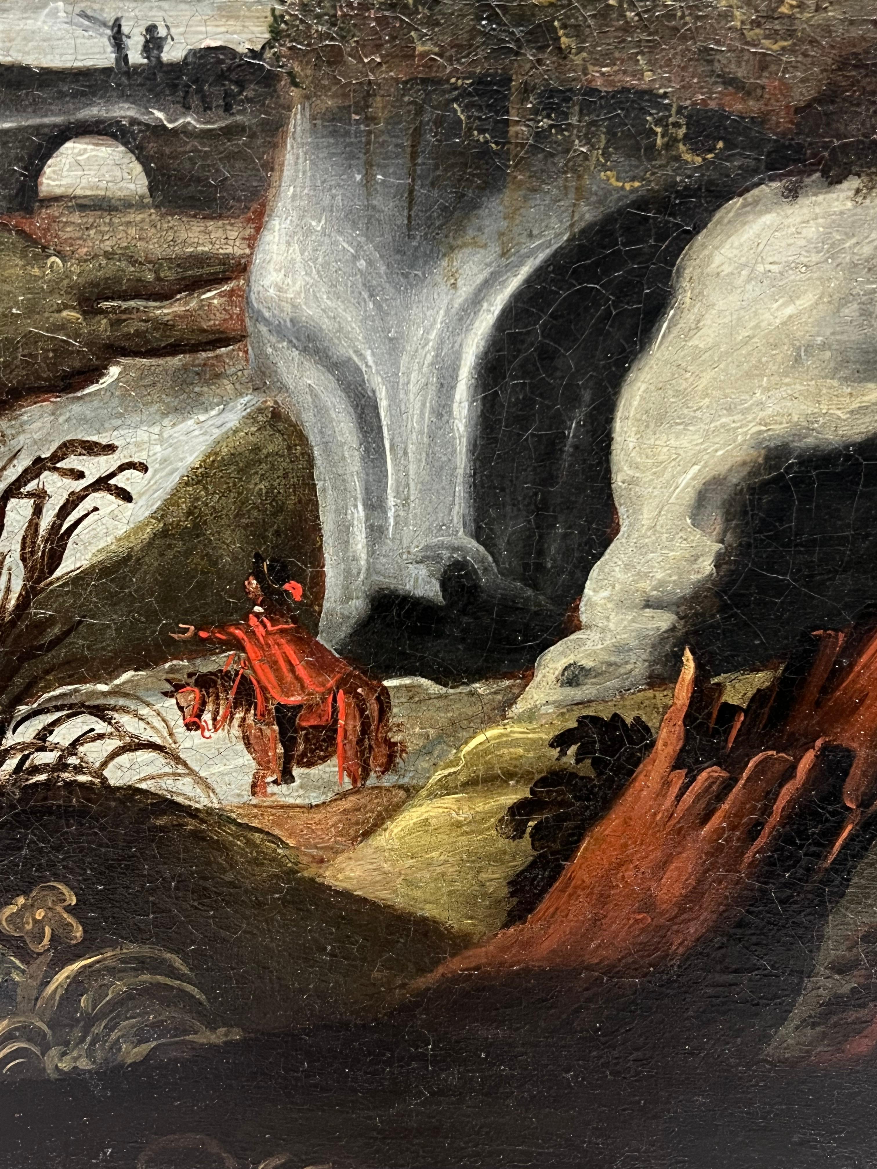 Enorme pittura a olio classica fiamminga del XVIII secolo Paesaggio fluviale di viaggiatori in vendita 4