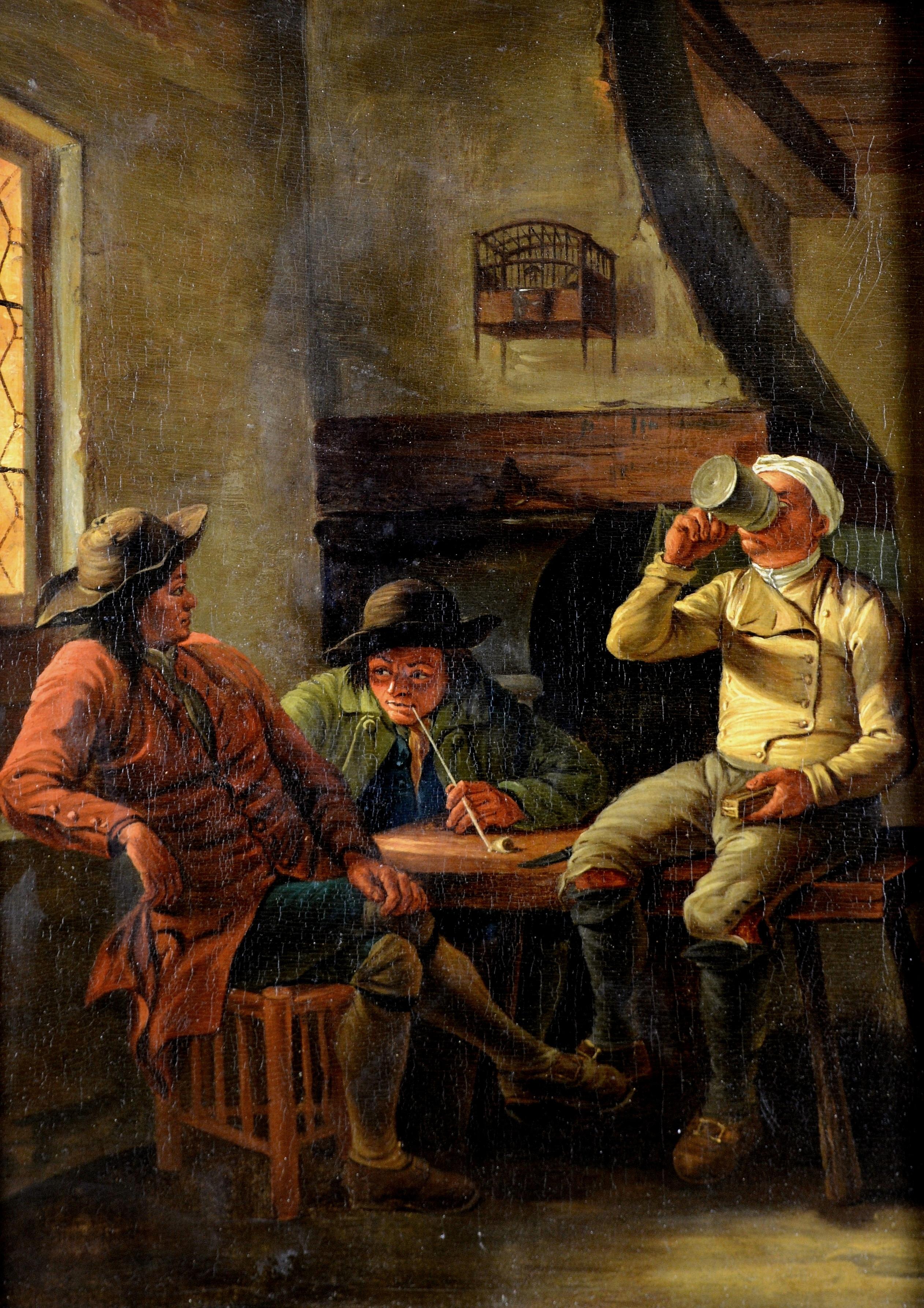 Tavern Interior - 18th Century Antique Flemish Old Master Oil Painting - Black Interior Painting by 18th century Flemish school