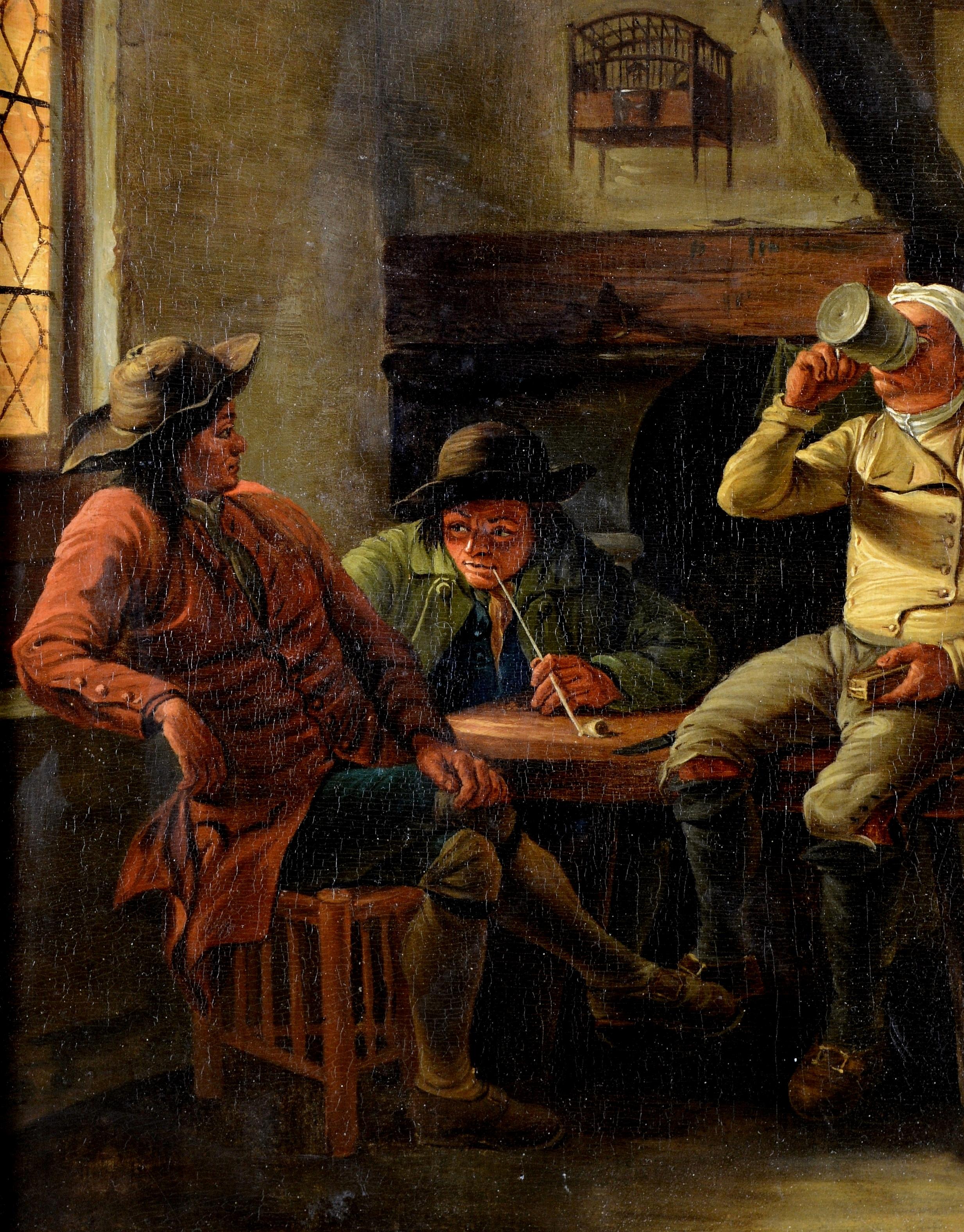 Tavern Interior - 18th Century Antique Flemish Old Master Oil Painting For Sale 1