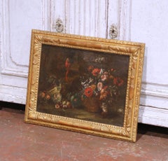 Pittura di natura morta di scuola fiamminga del XVIII secolo con fiori e pappagalli