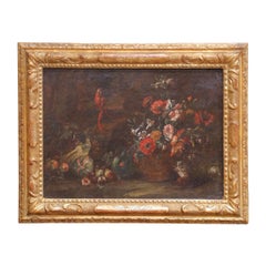 18th Century Flemish School Still Life Painting with Flowers and Parrot