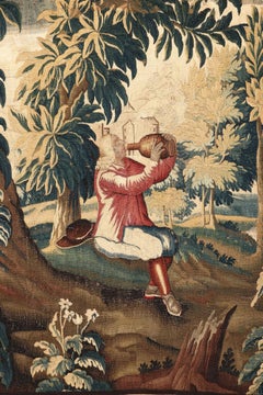 18th Century Flemish Verdure Tapestry of a Man Drinking in the Woods