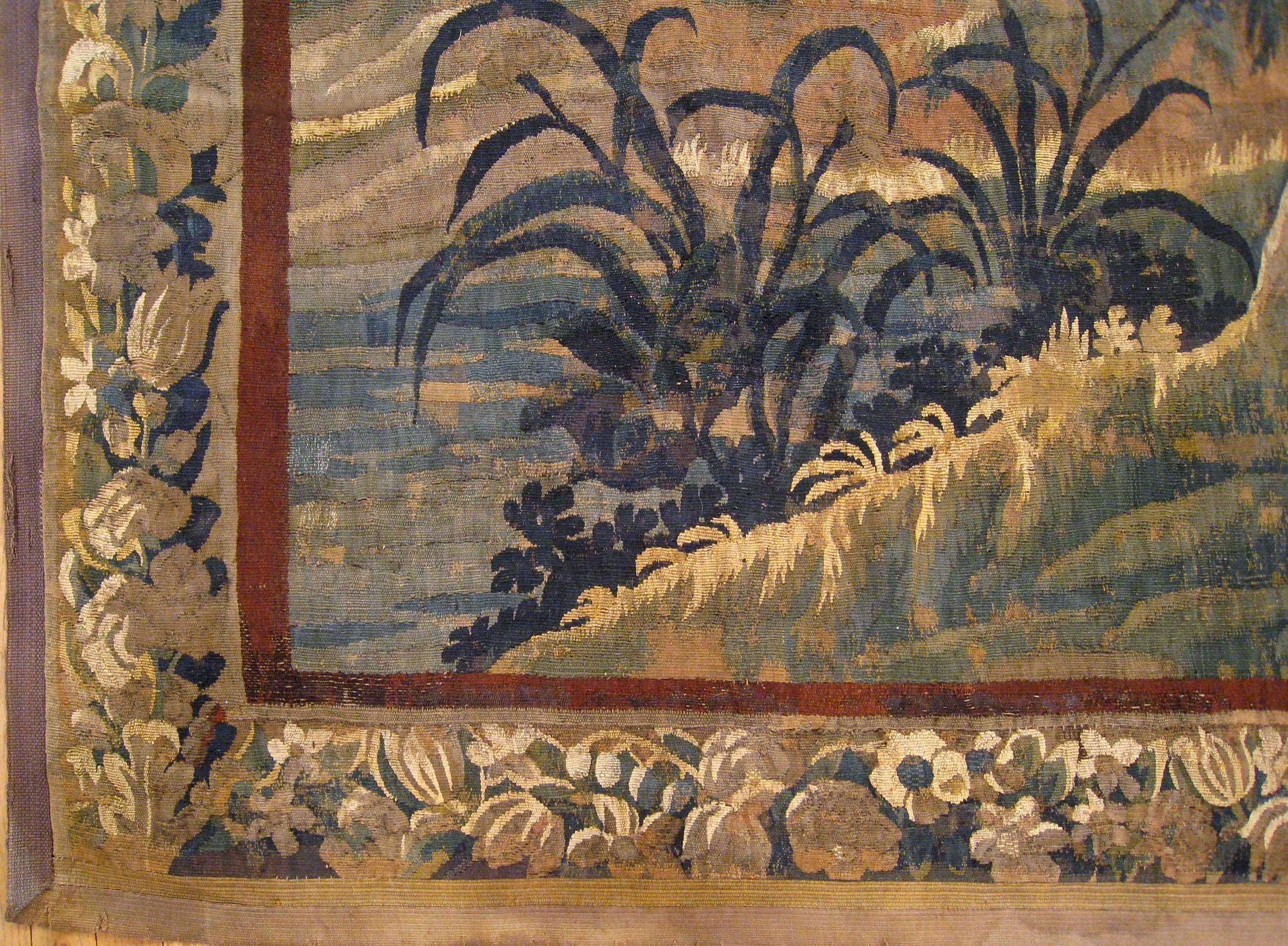 European 18th Century Flemish Verdure Tapestry, with a Bird in a Woodland Setting