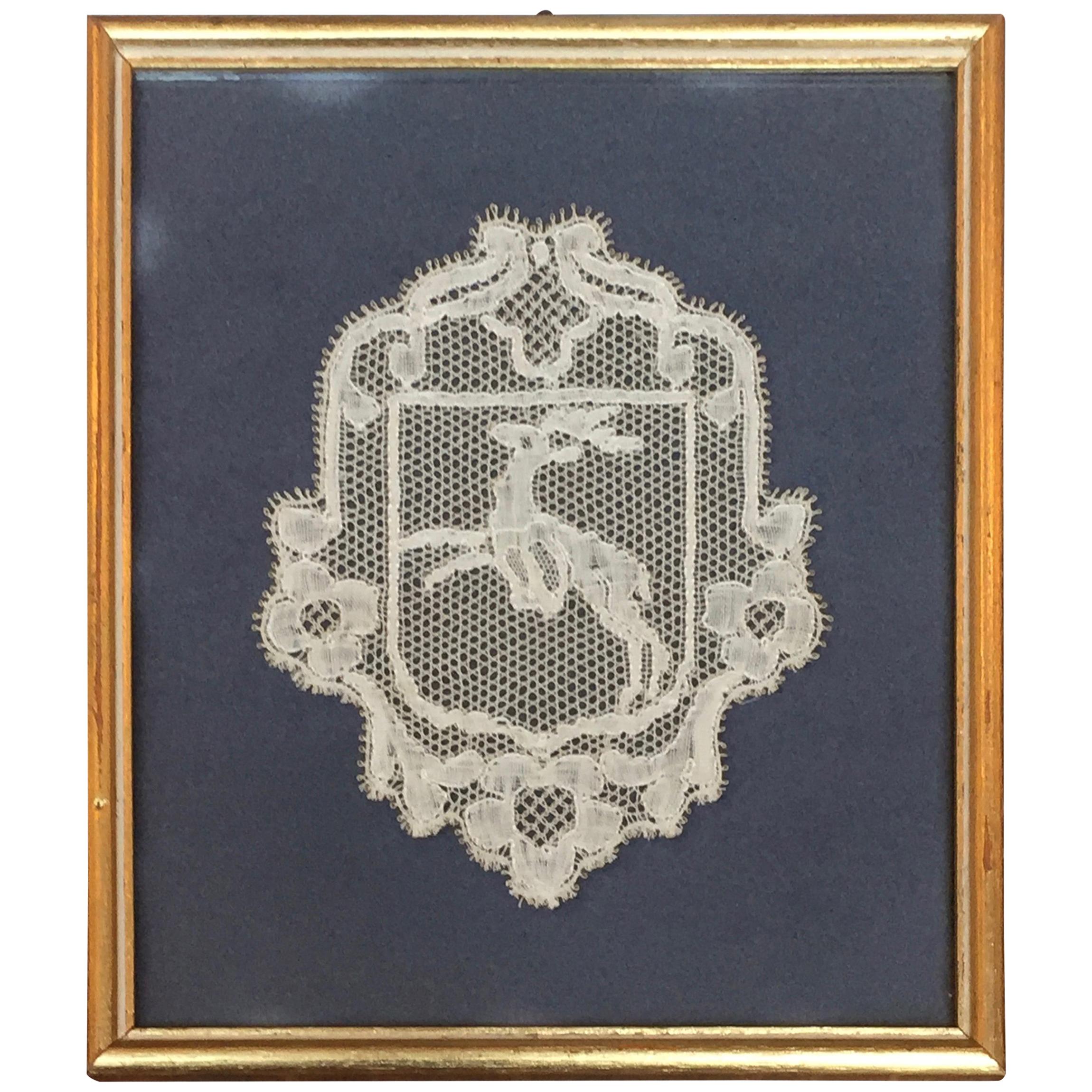 18th Century Flemish'Point d'Angleterre', Lace Reindeer Armorial Crest Panel For Sale