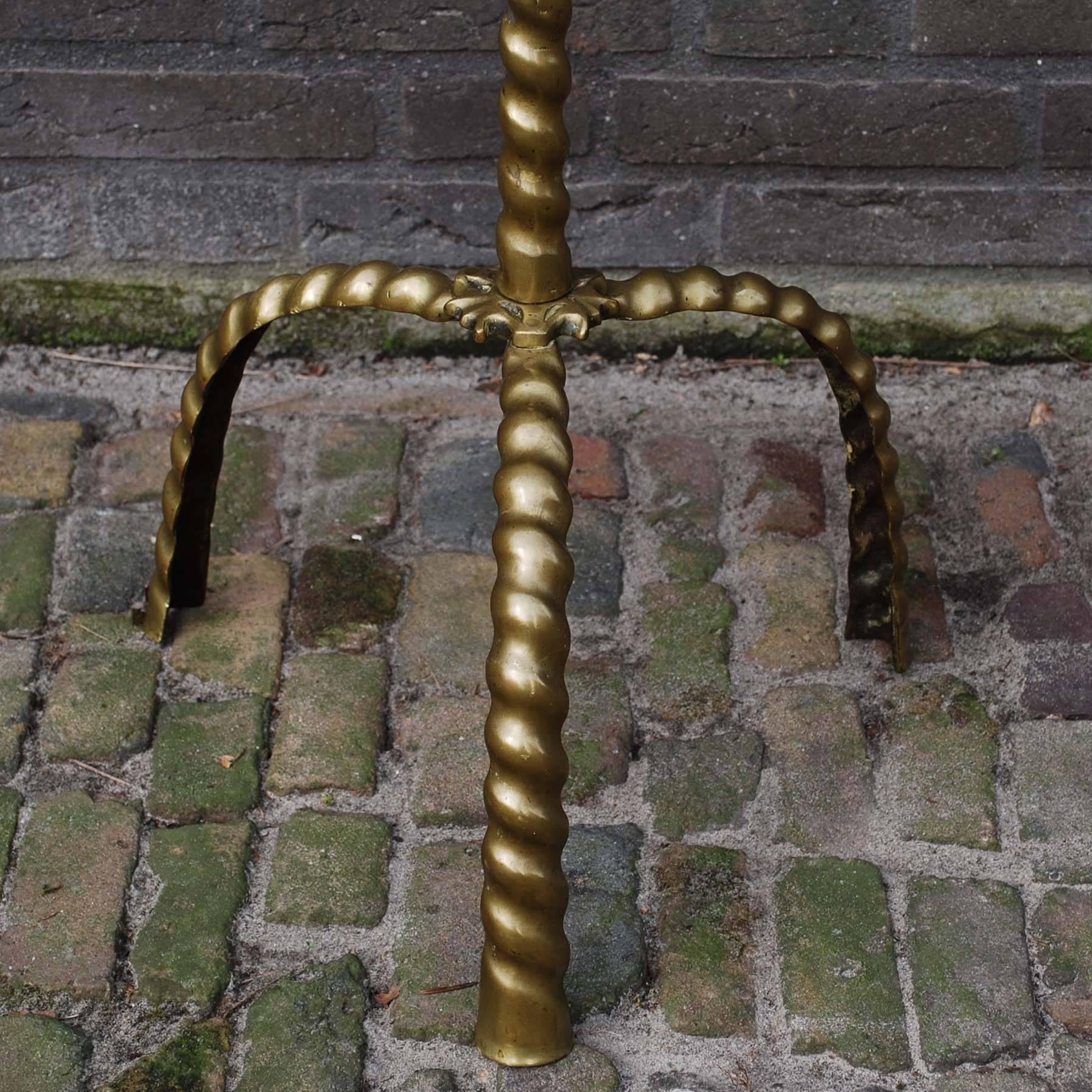 French 18th Century Floor Standing Turned Twist Candleholder on Tripod Base in Brass