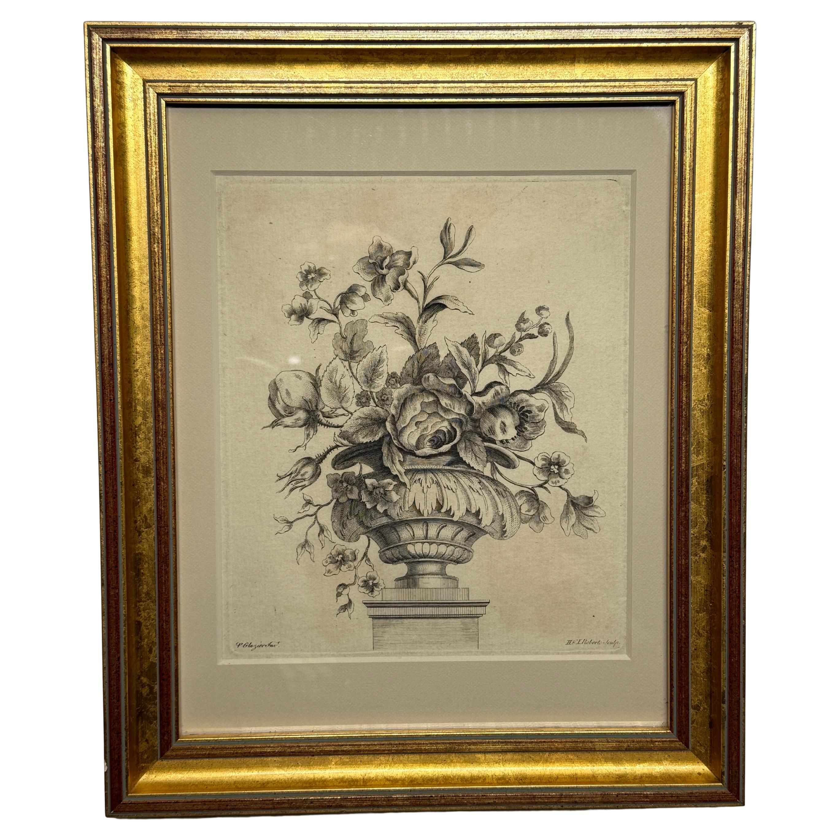 18° secolo, Bouquet floreale in un'urna neoclassica Incisione di P. Glazier