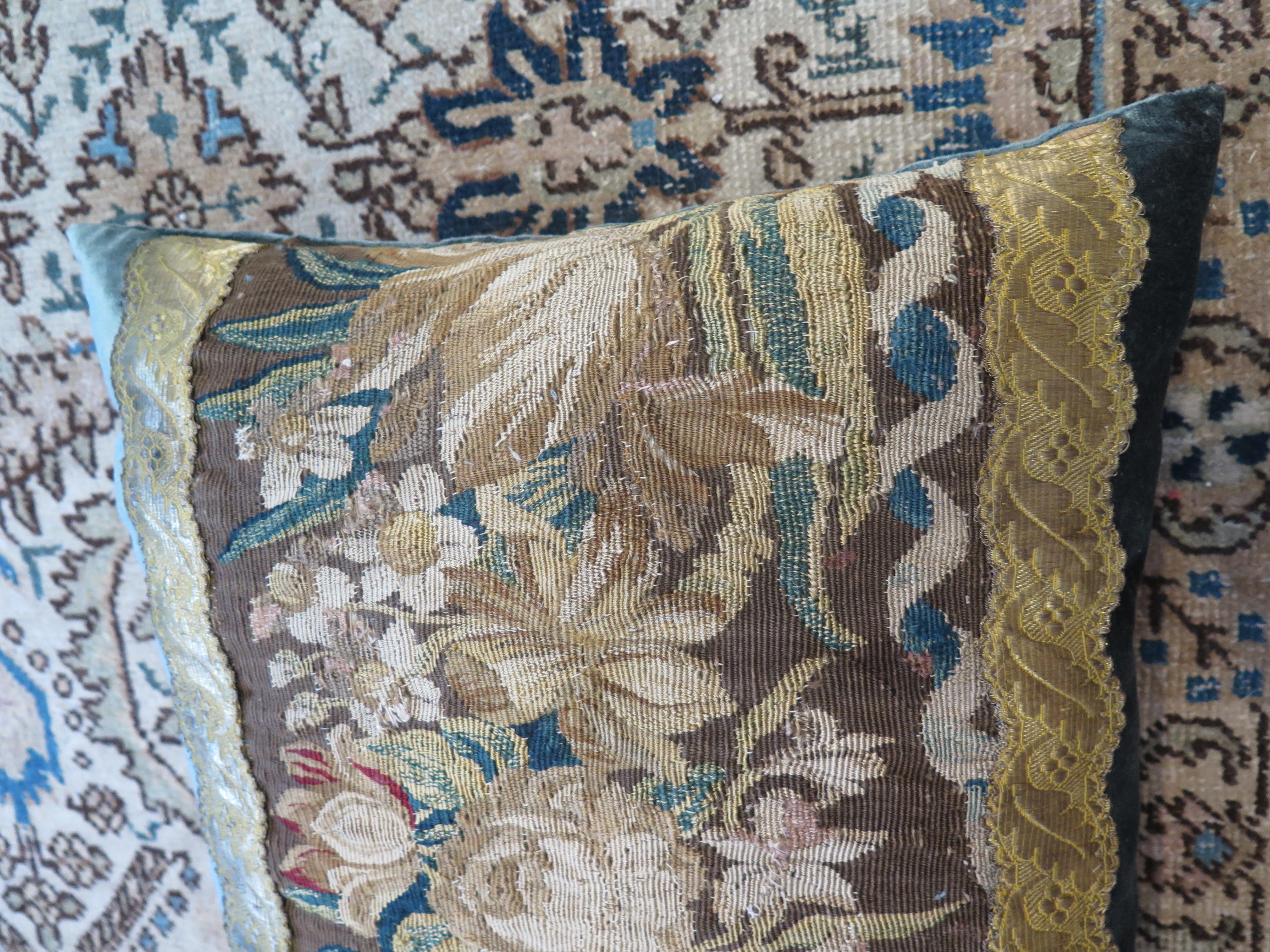 18th Century Floral Tapestry Fragment Pillow In Good Condition In Houston, TX