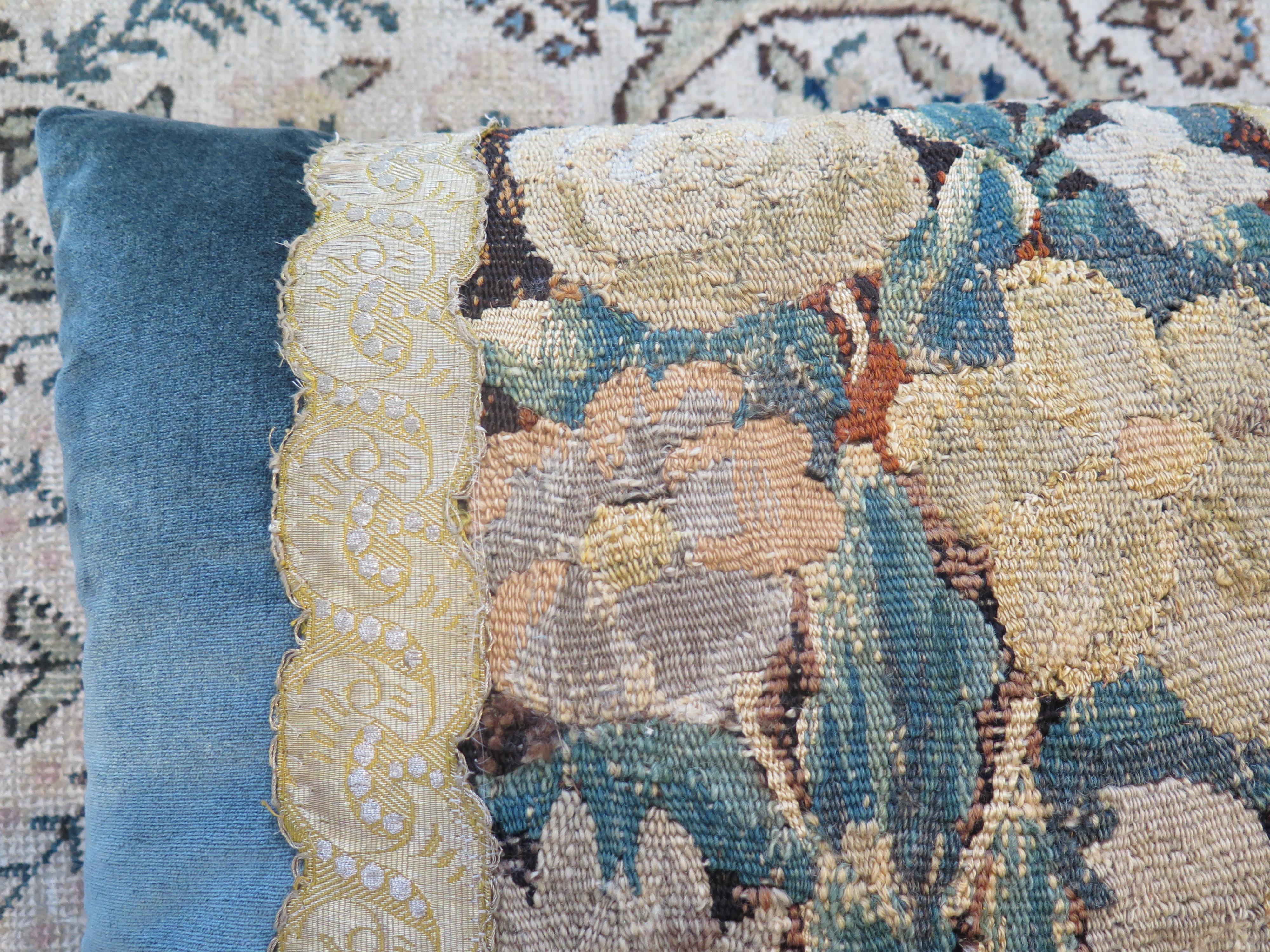 18th Century Floral Tapestry Fragment with Blue Silk Velvet Pillow In Good Condition In Houston, TX