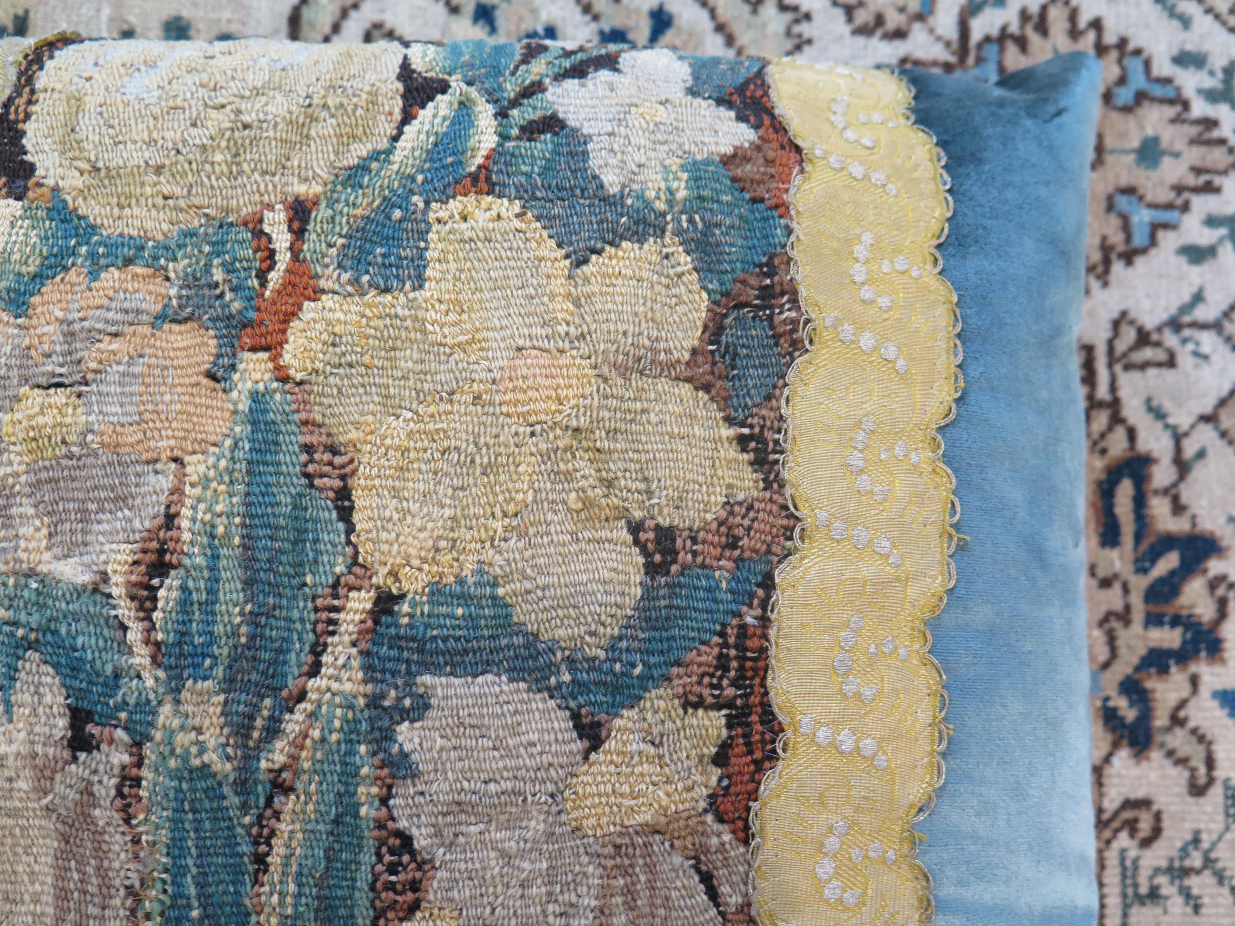 18th Century and Earlier 18th Century Floral Tapestry Fragment with Blue Silk Velvet Pillow