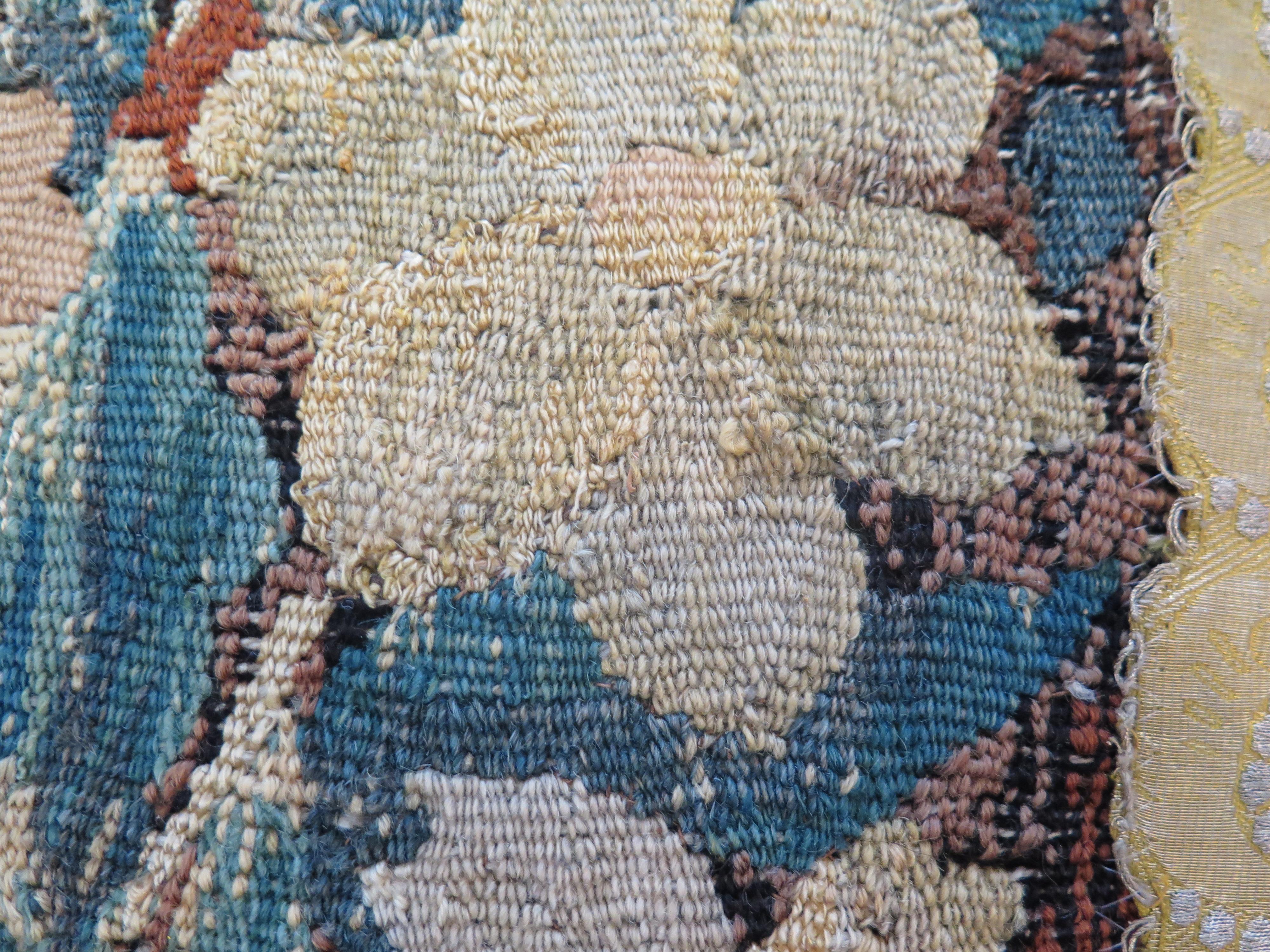 18th Century Floral Tapestry Fragment with Blue Silk Velvet Pillow 1