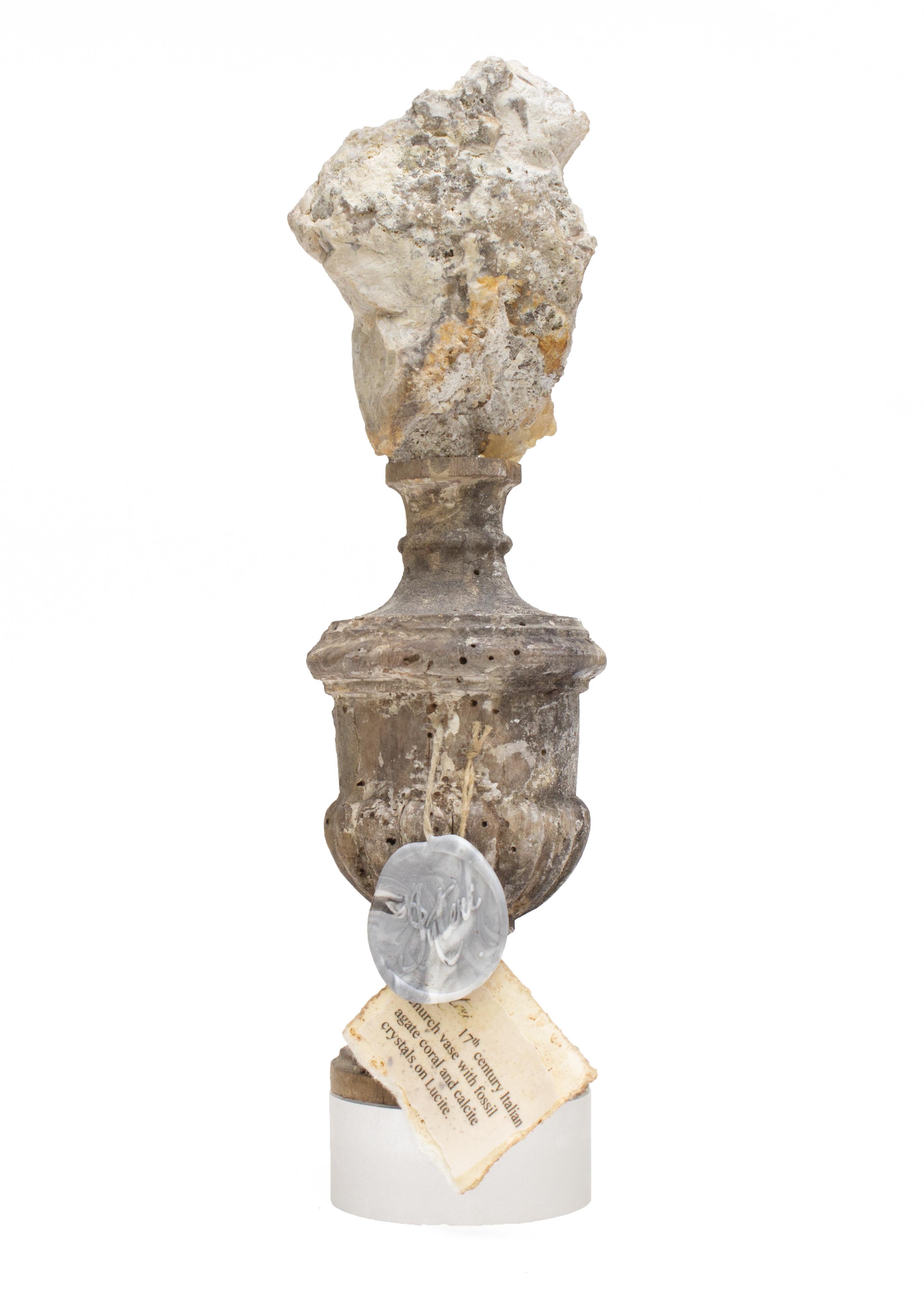 Hand-Carved 18th Century 'Florence Fragment' with Fossil Agate Coral and Herkimer Diamonds For Sale