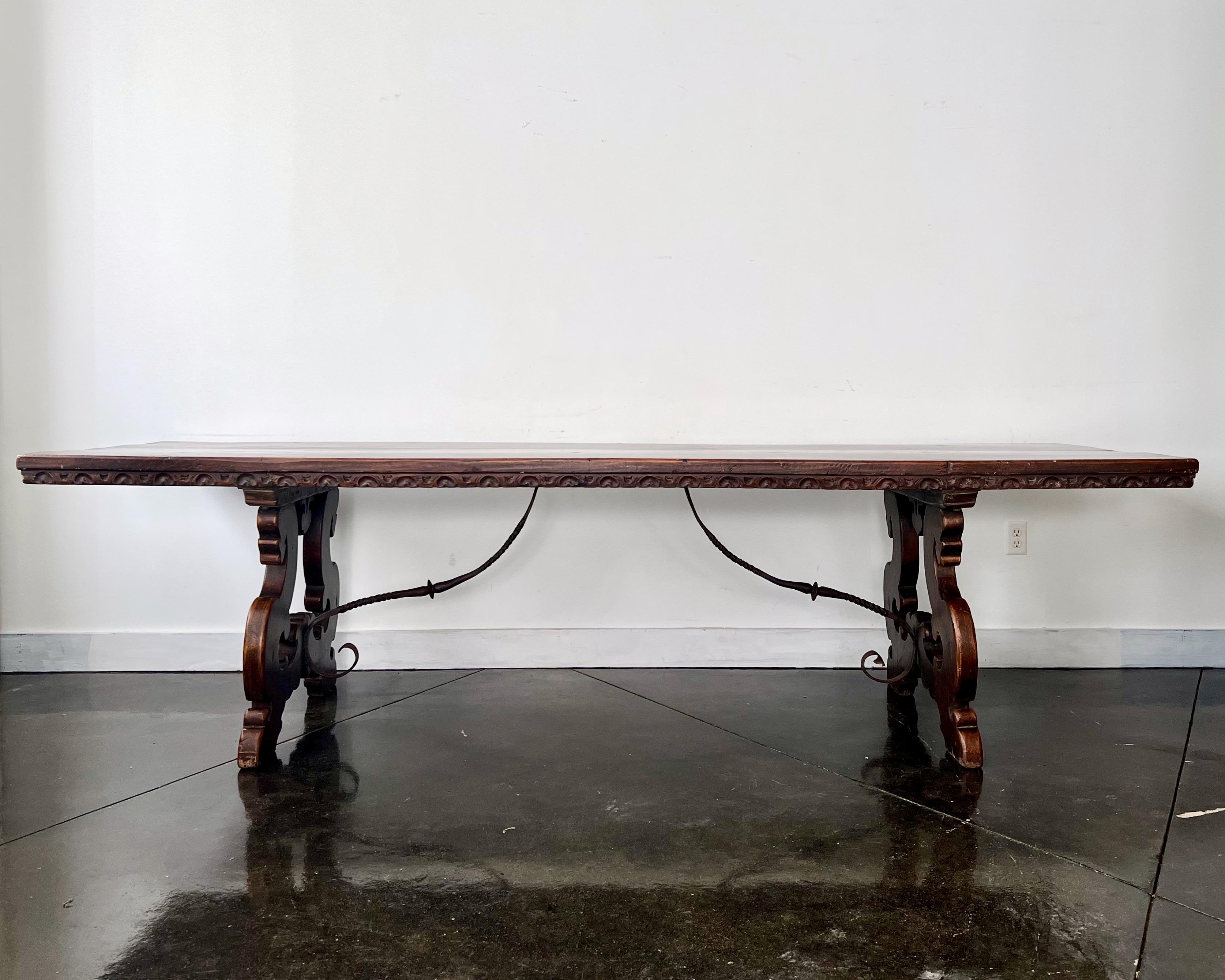 18th Century and Earlier 18th Century Florentine Italian Walnut Dining Table with Iron Stretcher  For Sale