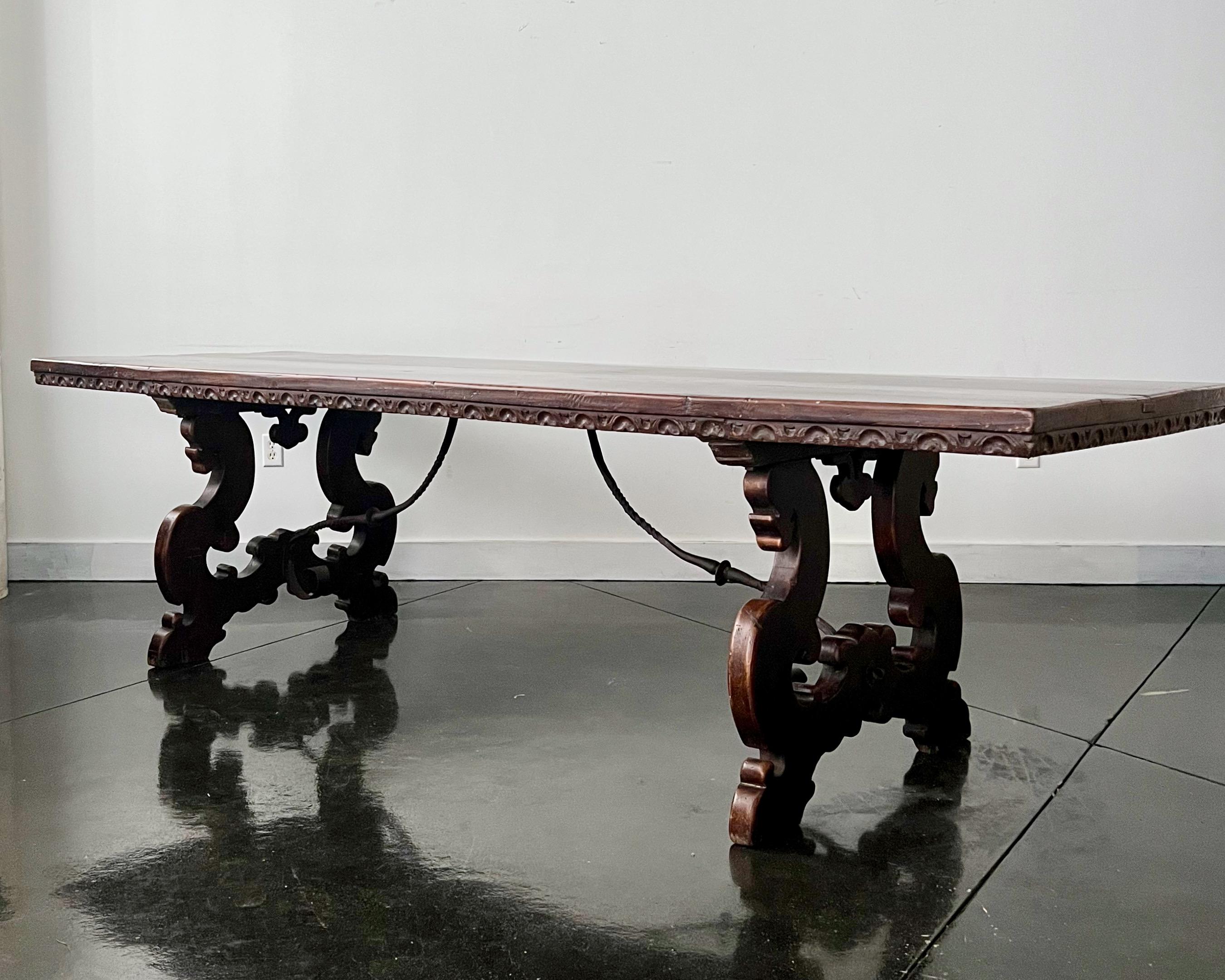 Wrought Iron 18th Century Florentine Italian Walnut Dining Table with Iron Stretcher  For Sale