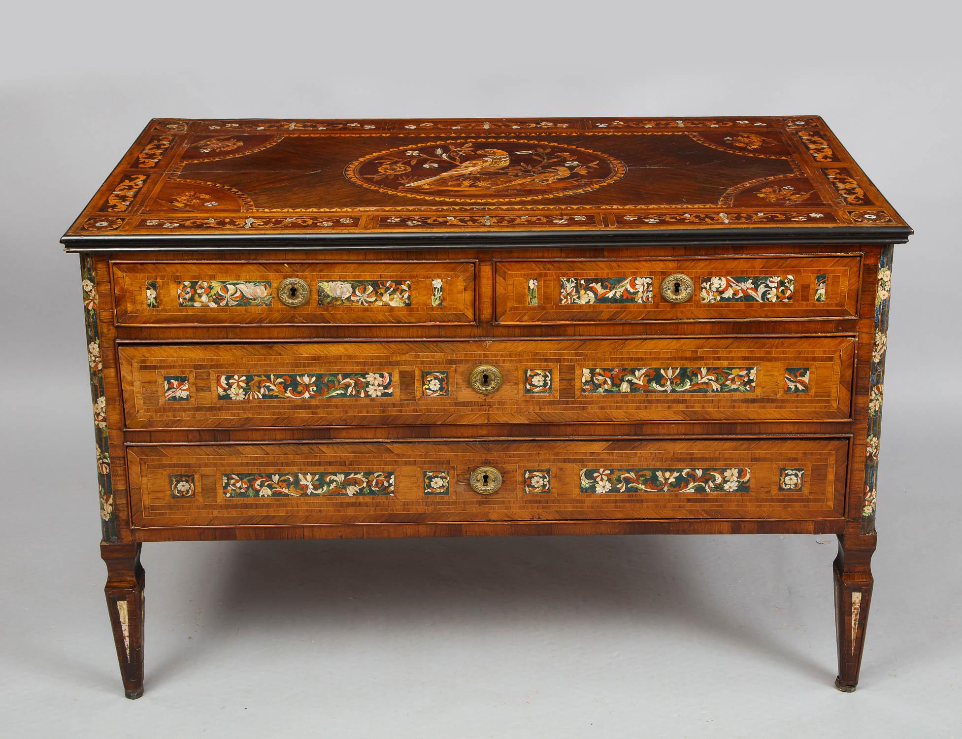 18th century Northern Italian, probably Florentine, neoclassical commode, incorporating 17th century Florentine mother of pearl, lapis lazuli, stained bone, coral and marquetry panels attributed to Leonard van der Vinne (c. 1630-1713). Known as an