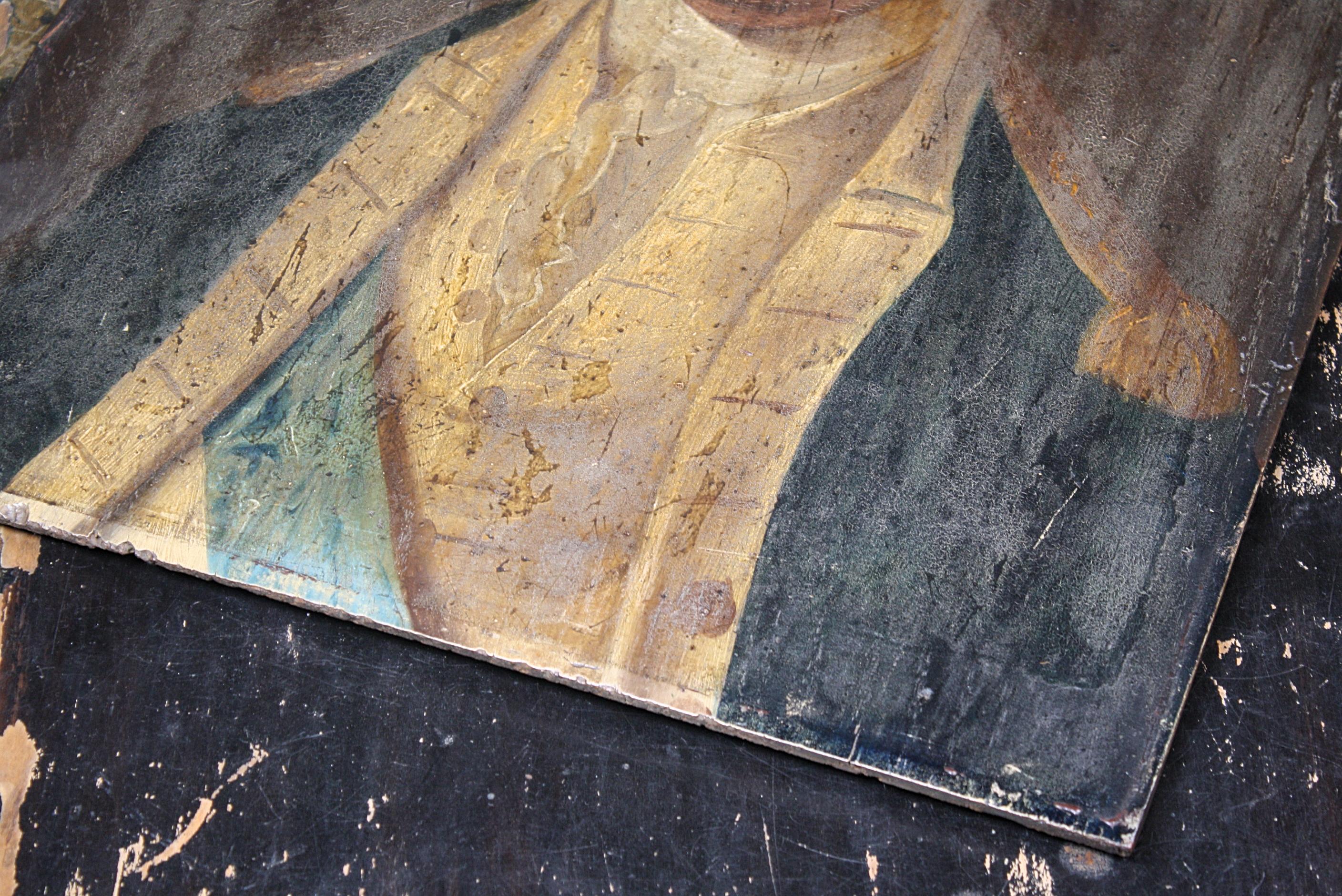 Hardwood 18th Century Folk Art Half Length Portrait Naval Officer Oil on Board Antique 