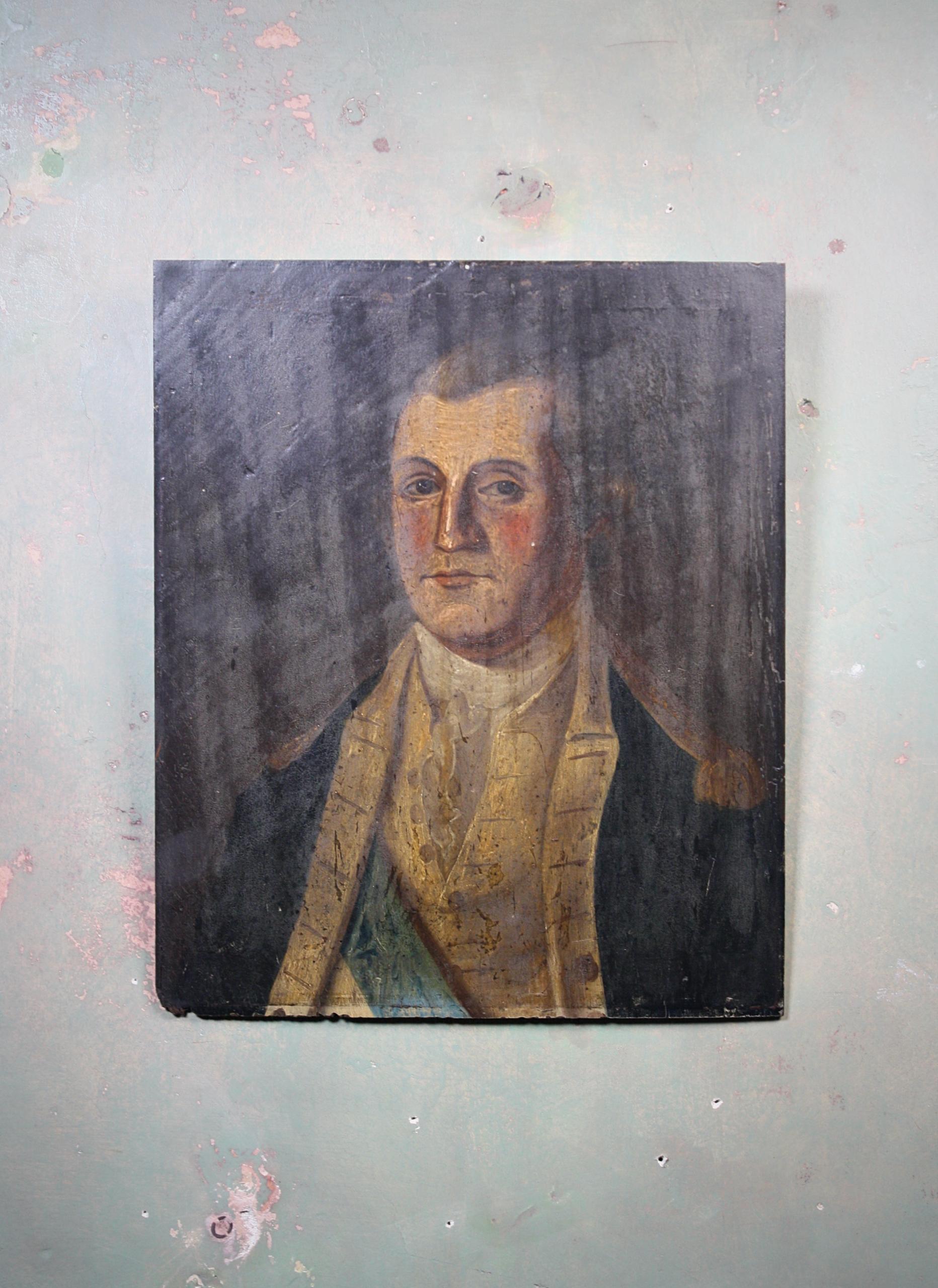 18th Century Folk Art Half Length Portrait Naval Officer Oil on Board Antique  2