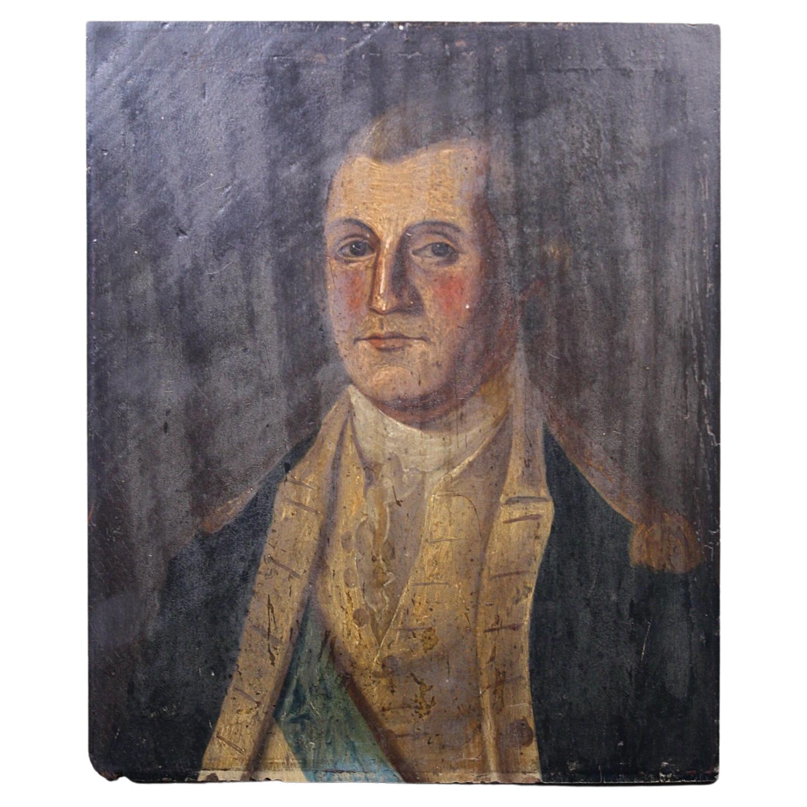 18th Century Folk Art Half Length Portrait Naval Officer Oil on Board Antique 