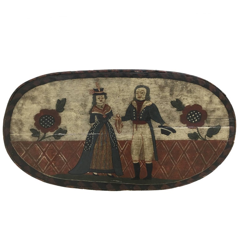 Large Danish wooden hat or wig box of wood with original painting.