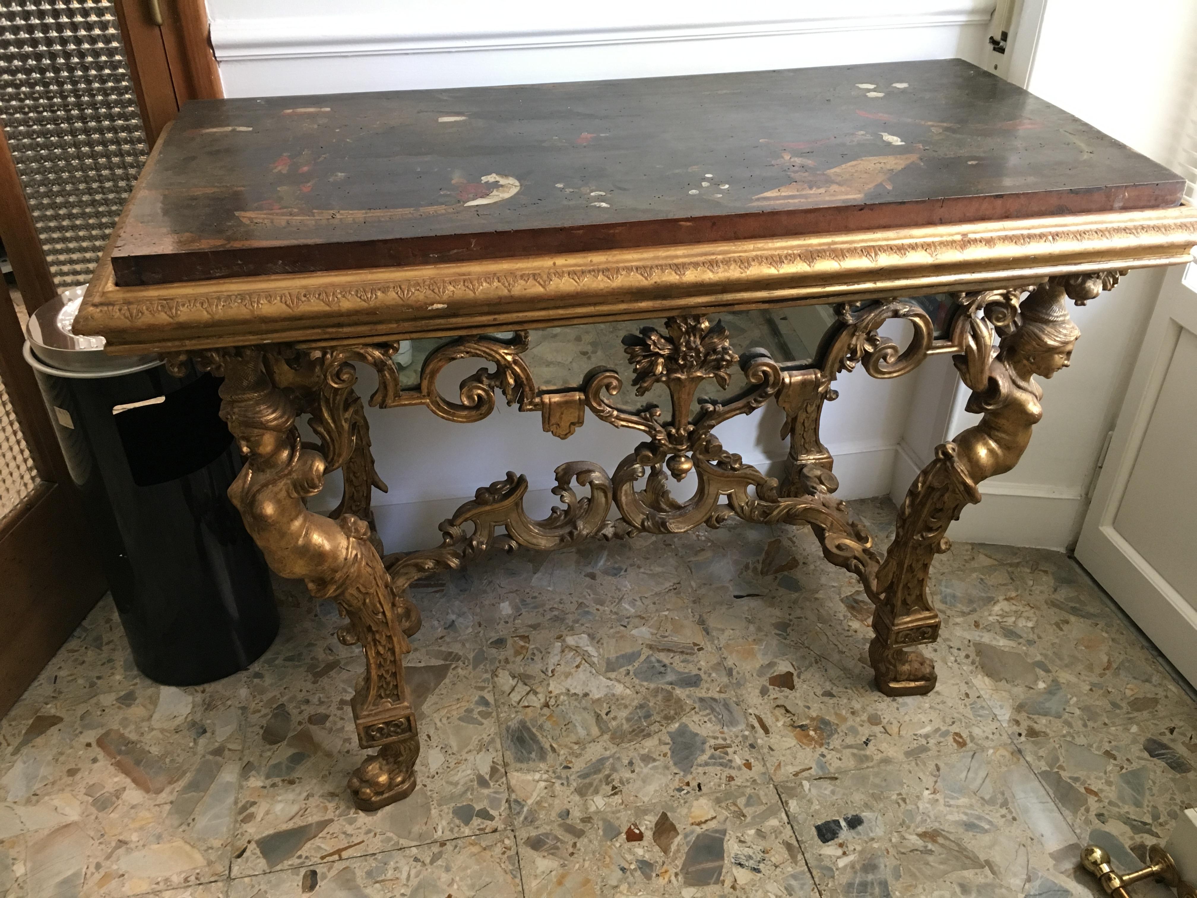 Giltwood 18th Century Pair of Console Tables Pearl Tesserae  1700 For Sale
