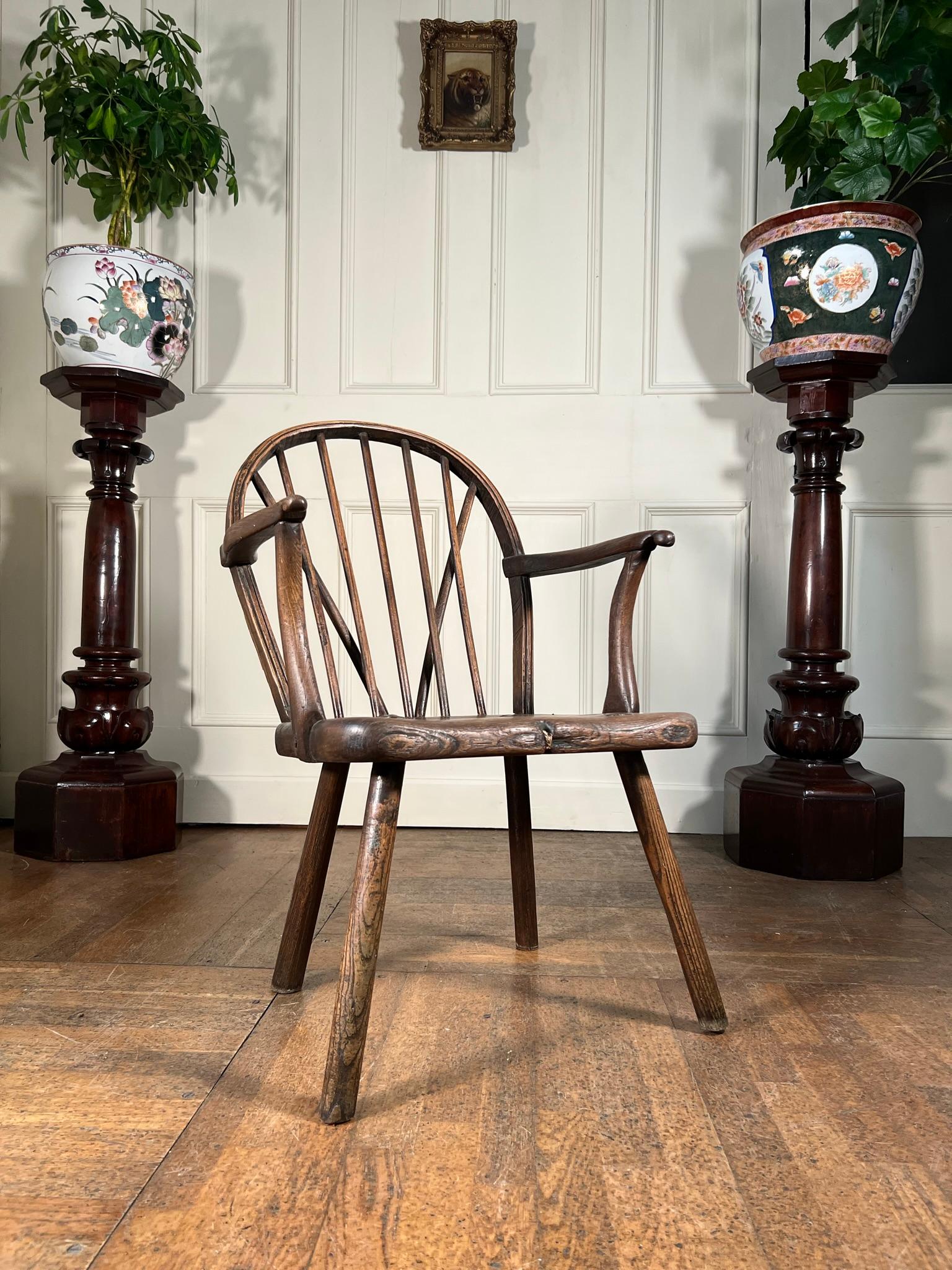 Rare, 18th century primitive hoop back stick chair.

Constructed from ash and elm, from the Thames Valley region.

A work of art.

Measurements: 80cm h / 37cm h seat x 46cm w x 40cm d

(measurements are approximate and are taken at the maximum