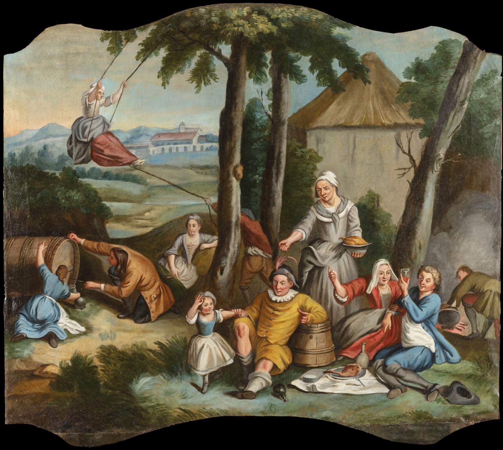 Baroque 18ème siècle:: Quatre tableaux italiens avec des scènes animées dans un paysage