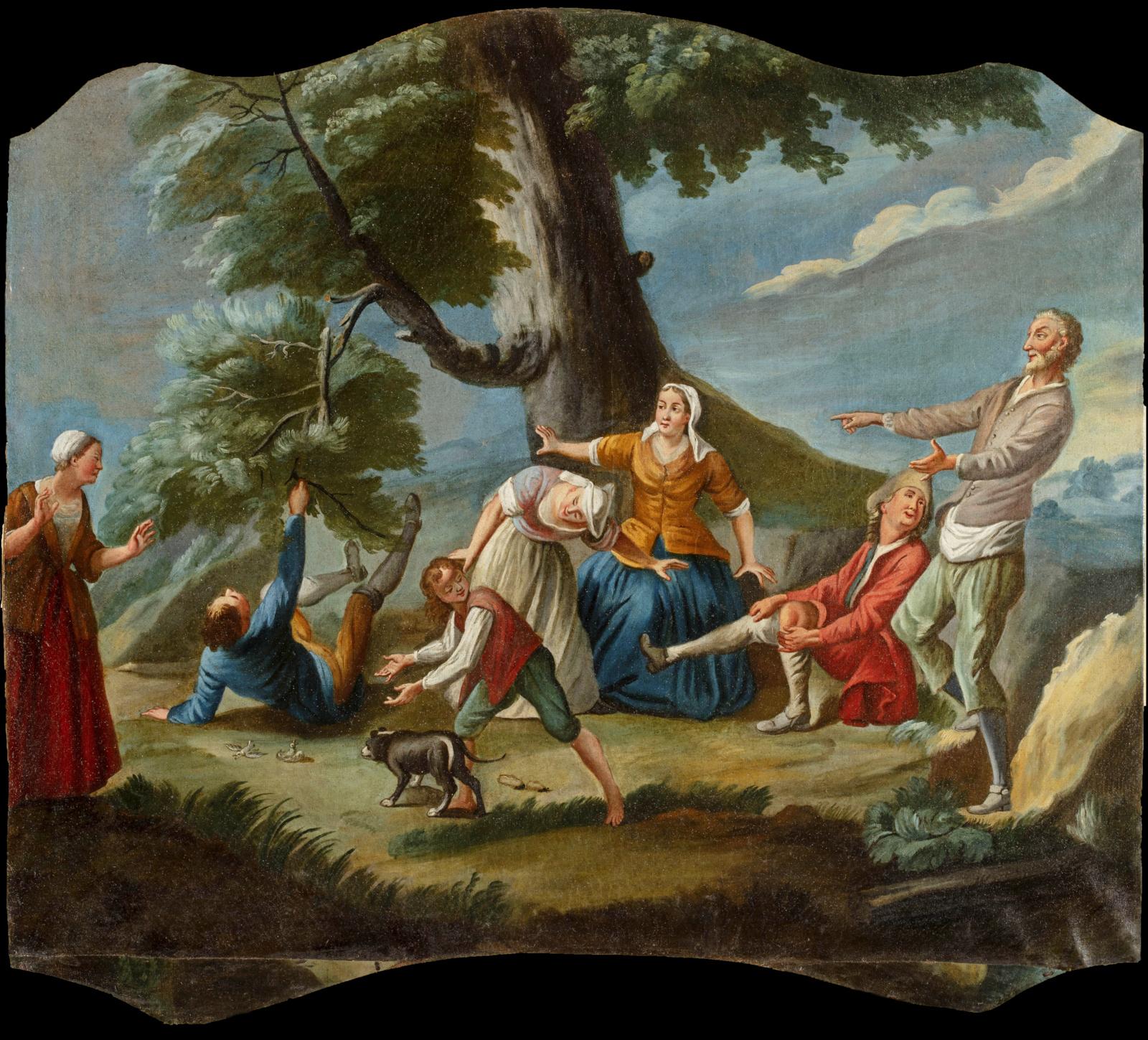 Peint à la main 18ème siècle:: Quatre tableaux italiens avec des scènes animées dans un paysage