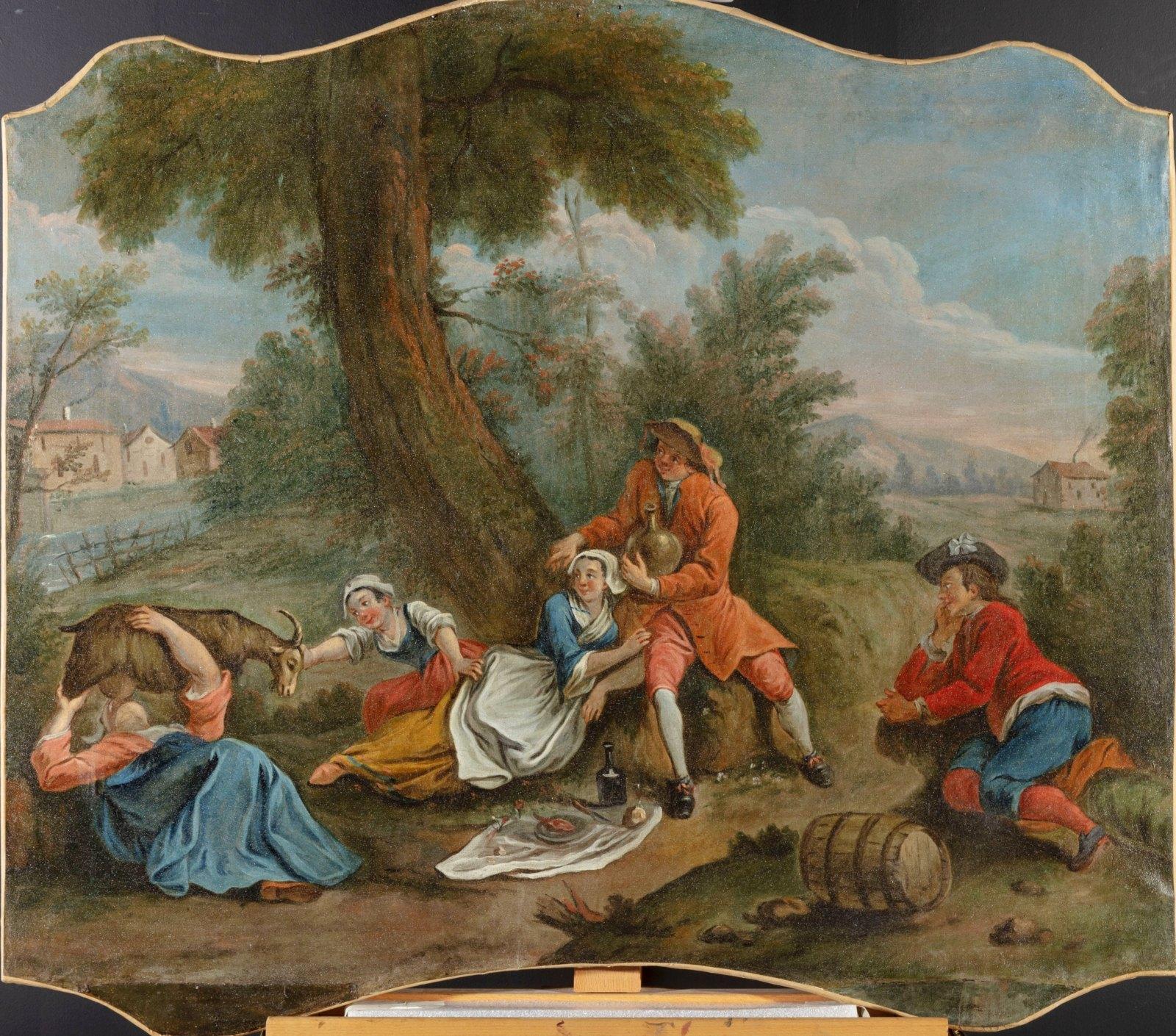 Toile 18ème siècle:: Quatre tableaux italiens avec des scènes animées dans un paysage