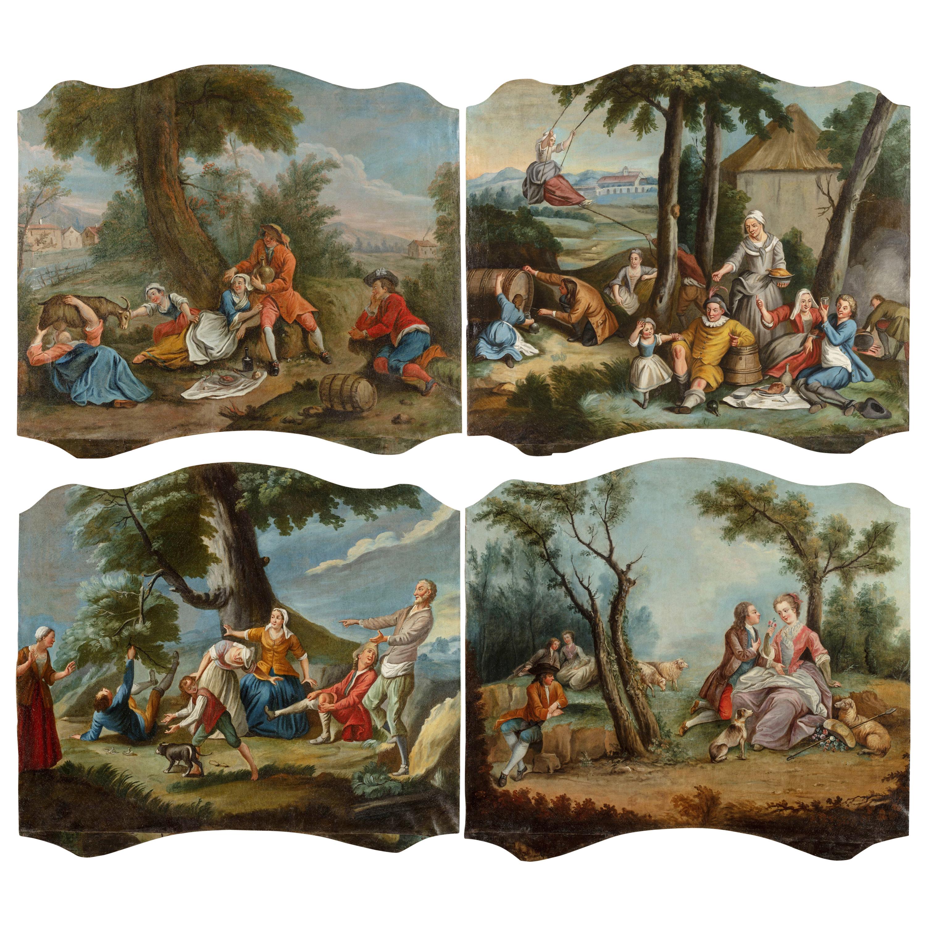 18ème siècle:: Quatre tableaux italiens avec des scènes animées dans un paysage