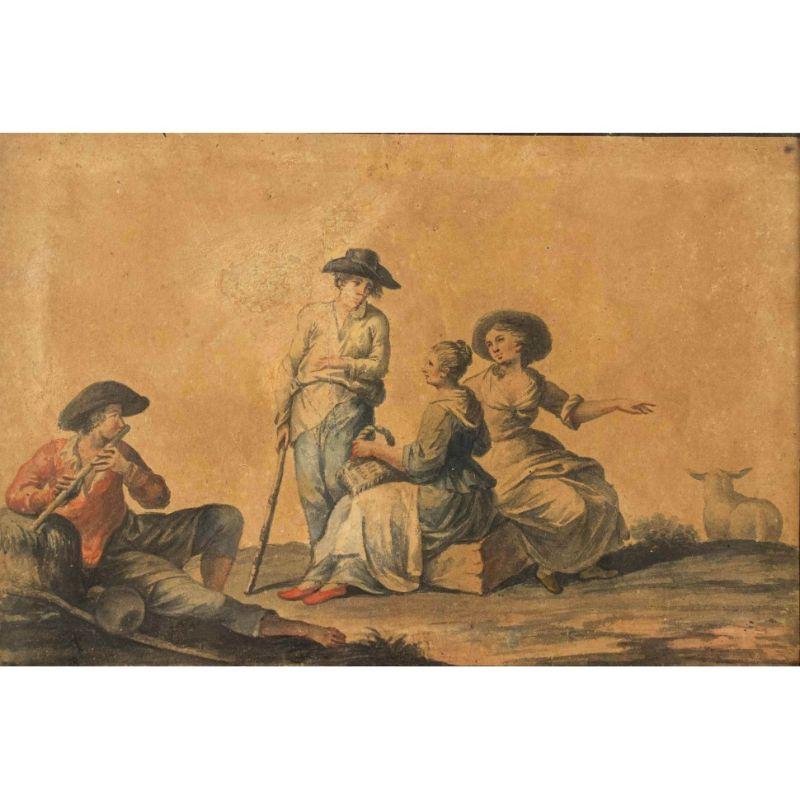 Vier ländliche Szenen aus dem 18. Jahrhundert, Gemälde Tempera auf Papier im Angebot 3