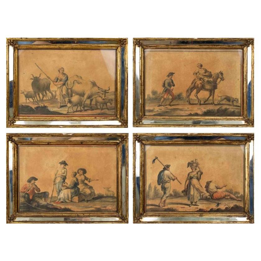 Vier ländliche Szenen aus dem 18. Jahrhundert, Gemälde Tempera auf Papier im Angebot
