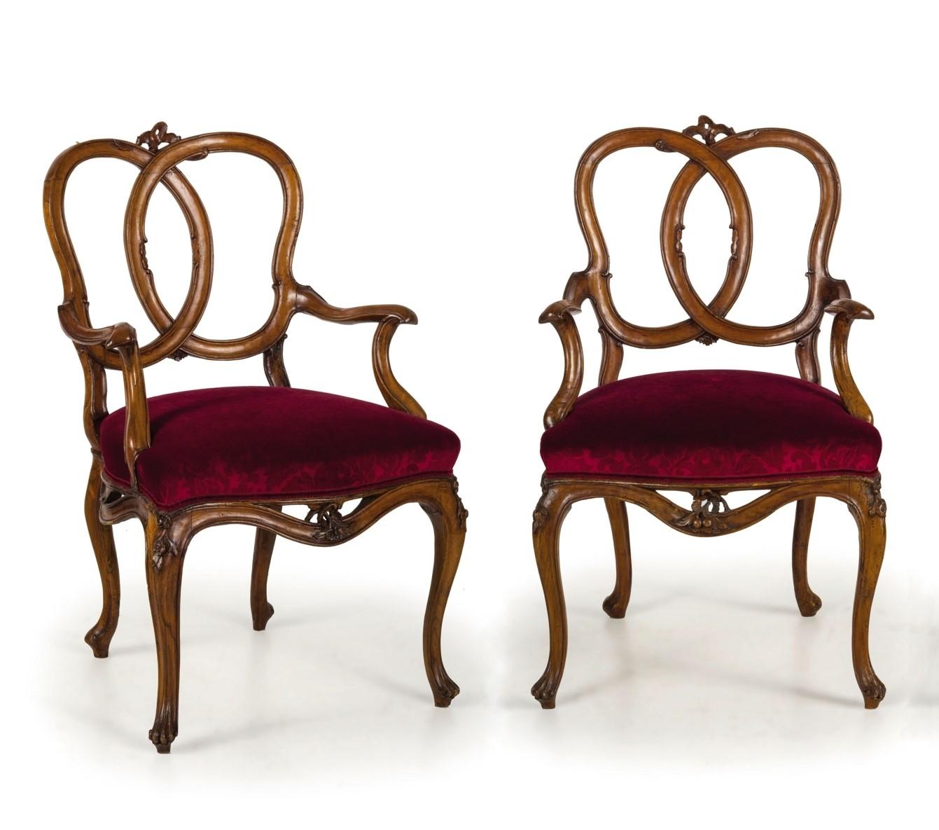 18th century four Venetian carved walnut wood armchairs

These splendid armchairs were made in Venice (Italy) circa mid-18th century and they reflect the stylistic dictates typical of the Venetian Baroque.
They are distinguished by their